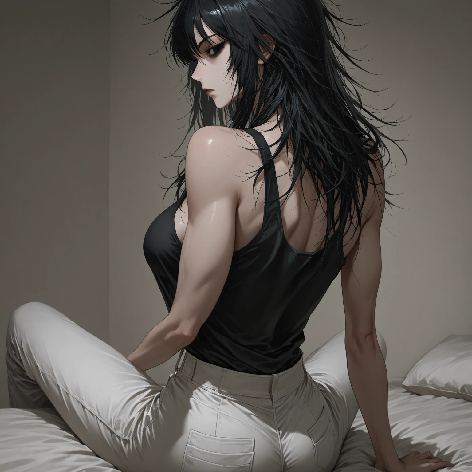 Beautiful muscle girl, minimal clothing, straitjacket, Special tights, Secure with a belt, Lots of straps, There is a leather collar around the neck, Secured to the bed, Psychiatric hospital, The mouth is tied with a thick cloth, Rough cold room, Dark lighting, beautiful blueish eyes, Long black hair, BDSM