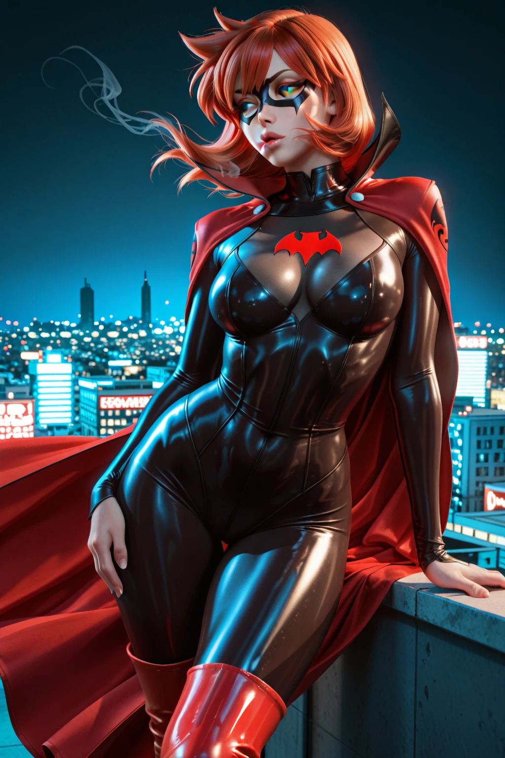 Make a red haired woman, black eyes, White skin, Curvy and sexy body, big legs (big thighs), big round ass, perfect and big ass, big tits, wasp waist, small waist, flat stomach, curvy woman