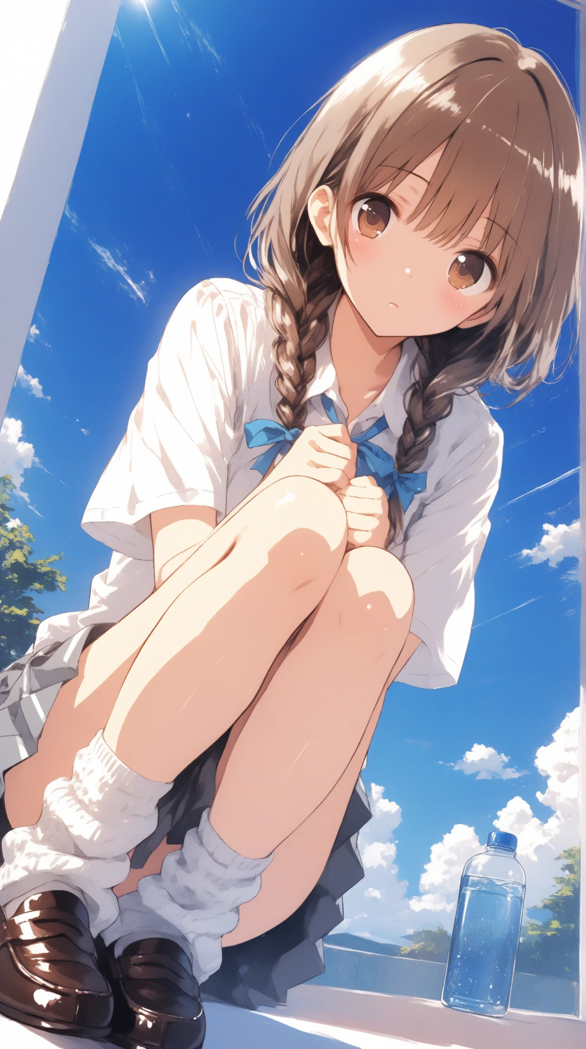 (msfw:1.4), (Realistic, photo Realistic:1.2), ((Highest quality)), Shift the center of gravity backwards, Quite embarrassing, White panties, (Showing panties:1.4),Tight Skirt, (Panty shot:1.3), (Roll up your skirt:1.3), (Squat:1.4), (Spreading pussy:1.2), Place your heels on the ground, Please spread your legs a little, Squat with your knees up, Attach your butt to the ground, Black Penny Loafers, Beautiful facial details, Real human skin, Gentle expression, Front view, angle From below, Realistic, photoRealistic, cute, Short skirt, Squat deep on school grounds, cute school girl, Semi-long hair, Lustrous brown hair, Braided hair, Japanese school girl uniform, Sailor suit, whole body, smile, 自然なsmile, cutesmile, 魅惑的なsmile, (Looking at the audience:1.2), from before, From below,