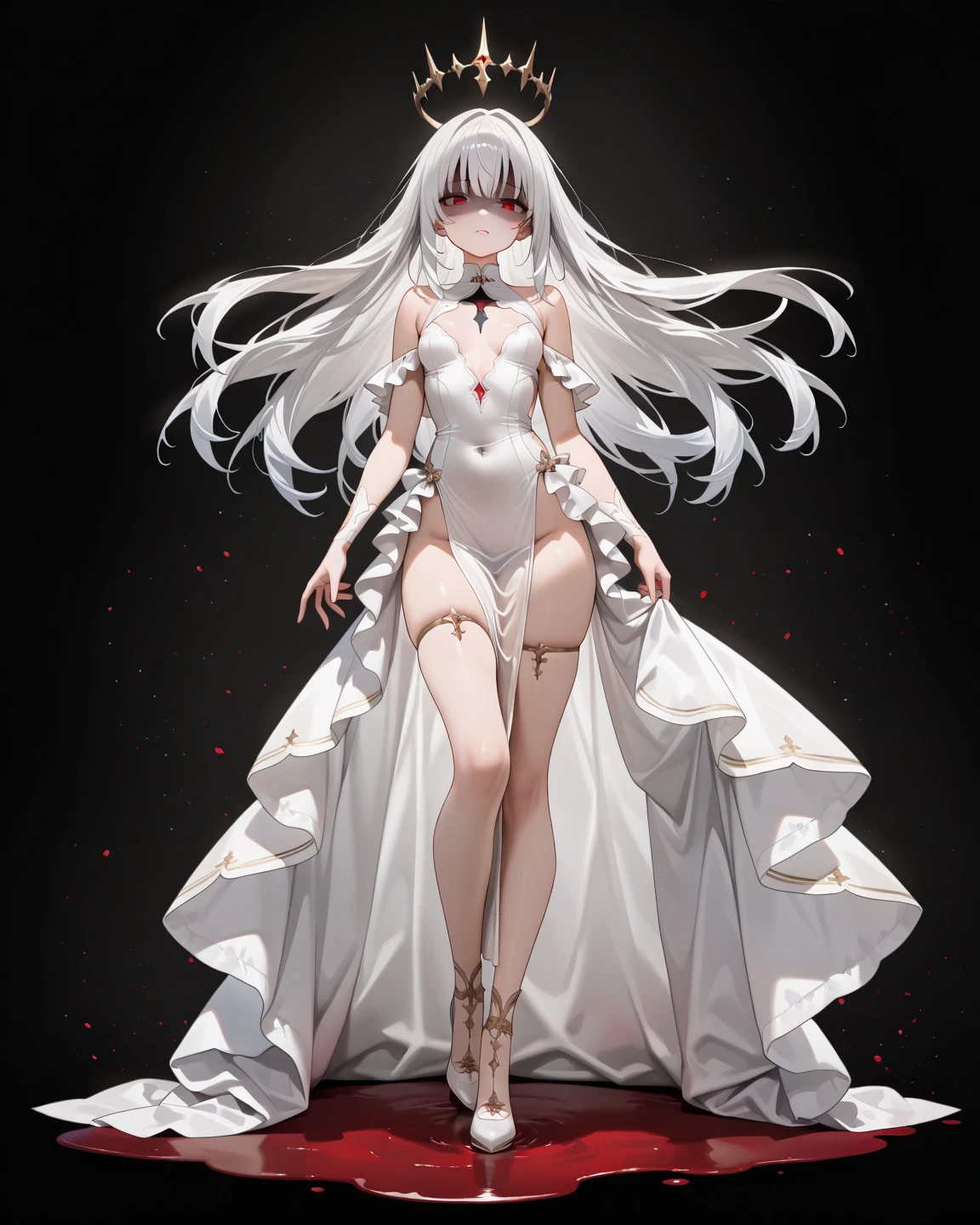 Master anime works,An impeccable masterpiece,8K picture quality: A full-fledged noblewoman was tied to a pillar,The legs are separated,solid color backdrop,Wear cool and sexy clothes,Female boss,Flowing silver hair,Full-body standing,Slender legs,Straight breasts,Detailed facial details,Naturally beautiful standing,Vivid and authentic body details