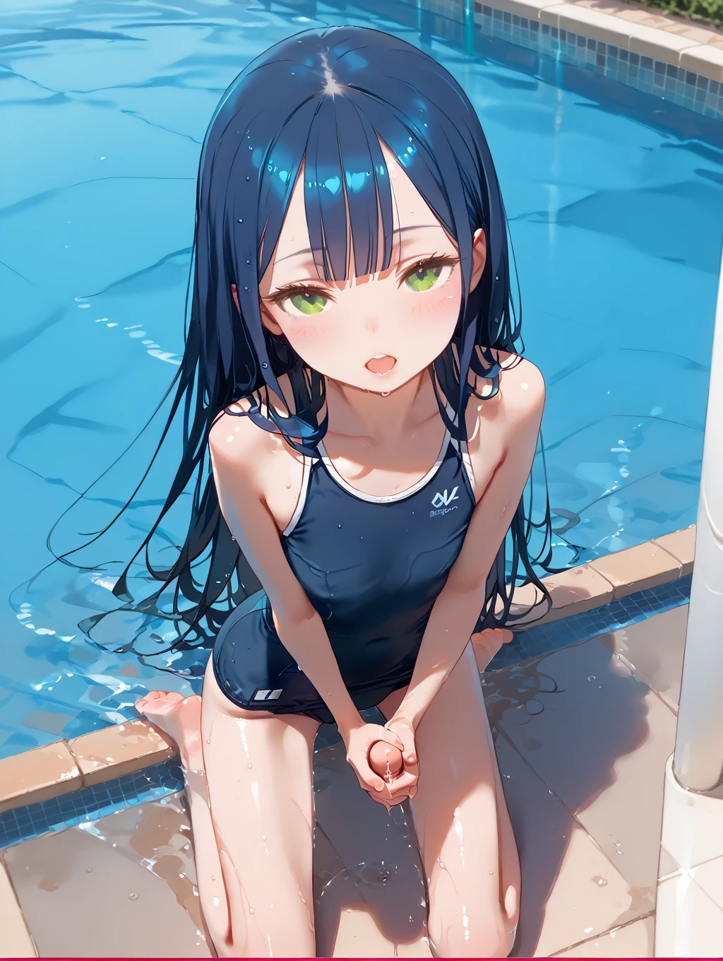 (((The ultra -The high-definition))), (((An ultra-high picture quality))), (((Large screen))), 独奏, One girl, Very cute, Moe Anime Style, Delicat eyes, (Little Girl:1.5), (very modest chest:1.3), (saturated blue hair:1.2), (Straight long hair:1.2), (Long straight sideburns:1.1), (blue eyess:1.2), (A little sagging eyes:1.3), (blue-sky:1.2), Outdoor pool, Concrete poolside, Super smile, (Face with closed mouth:1.2), (White One Piece School Swimsuit:1.3), School swimwear for schoolchildren, (poneyTail), (Inner thigh-sitting)