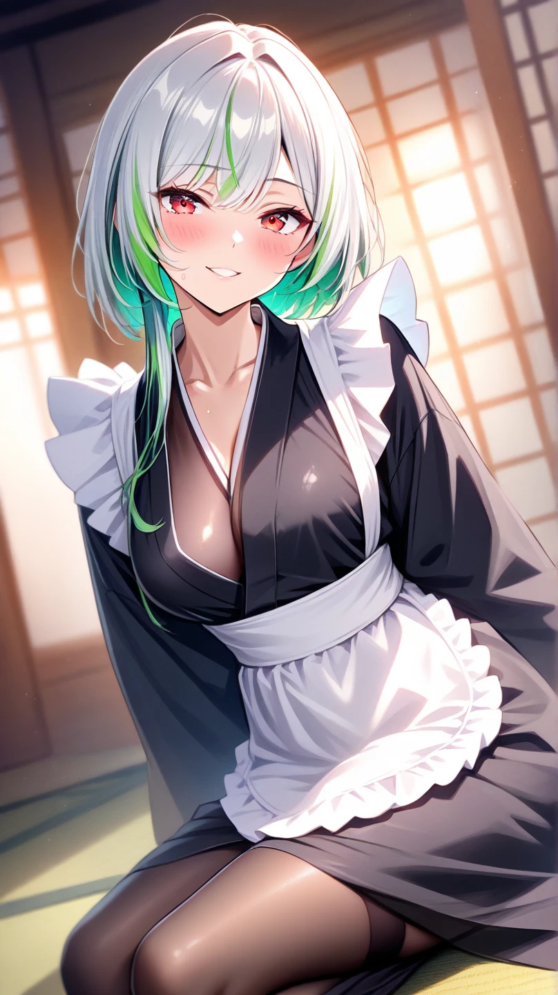 profile、From the side、(masterpiece, high quality:1.4), break,
One girl, Teen, alone,(Medium Hair:1.2), (Low Ponytail:1.25), Green Hair, Hair between the eyes, Tight waist, Brown eyes, break,
White shirt