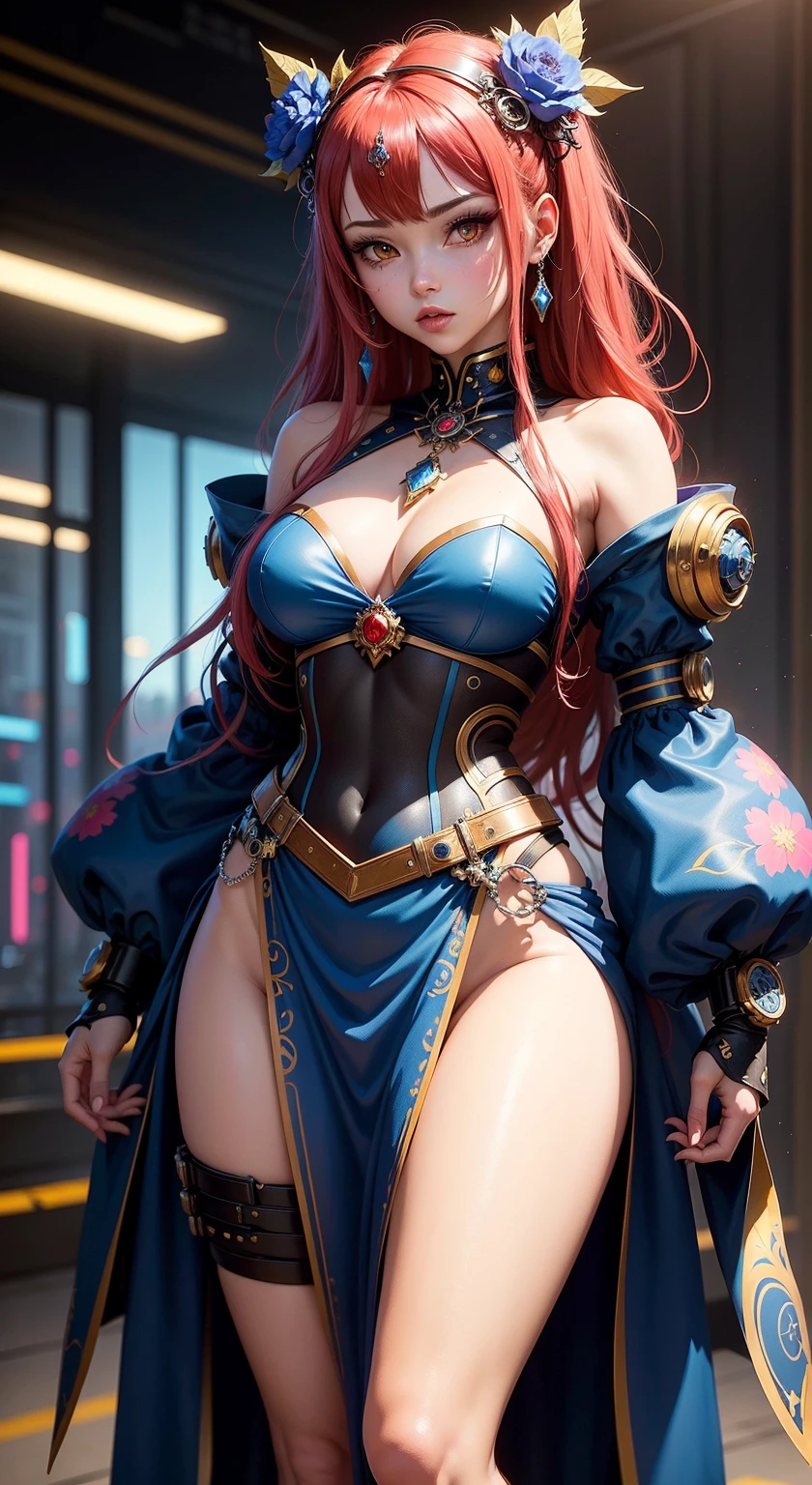 Best quality, masterpiece, ultra high res, raw photo, beautiful and aesthetic, deep shadow, fairy theme,(ultra detailed:1.3),
1girl, dynamic pose, headdress, (beautiful face, detailed eye:1.2), embarrassed, drill hair, long hair, blonde hair, gradient hair, yellow eyes, solo, (busty breasts, gigantic breasts:1.1), big hair, blue hair, divine goddess, looking at viewer, indoors, modern bedroom, room full of curtain, astraea, full body, hujia cos,thighhighs, red skirt,