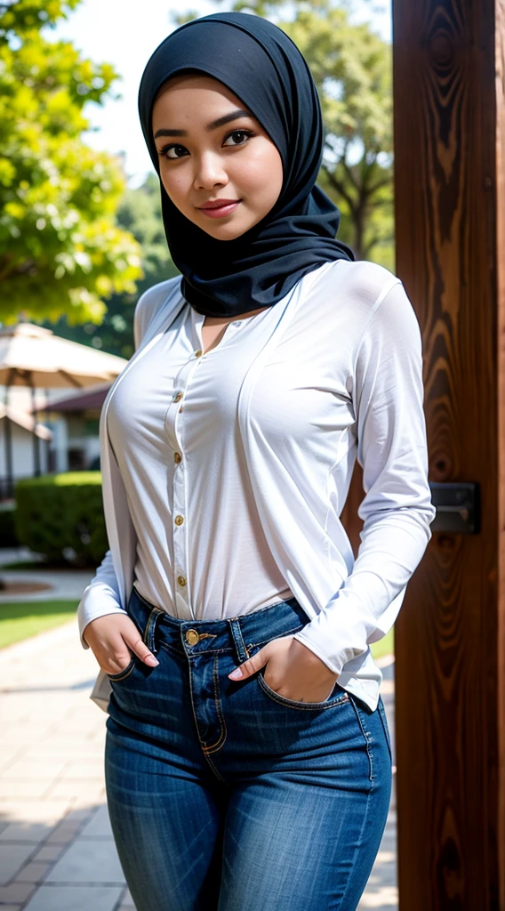1 malay woman with plain hijab. 30 years old. beautiful face. medium breast. light white legging. evening view. beautiful photo 4k remastered. peeing pants