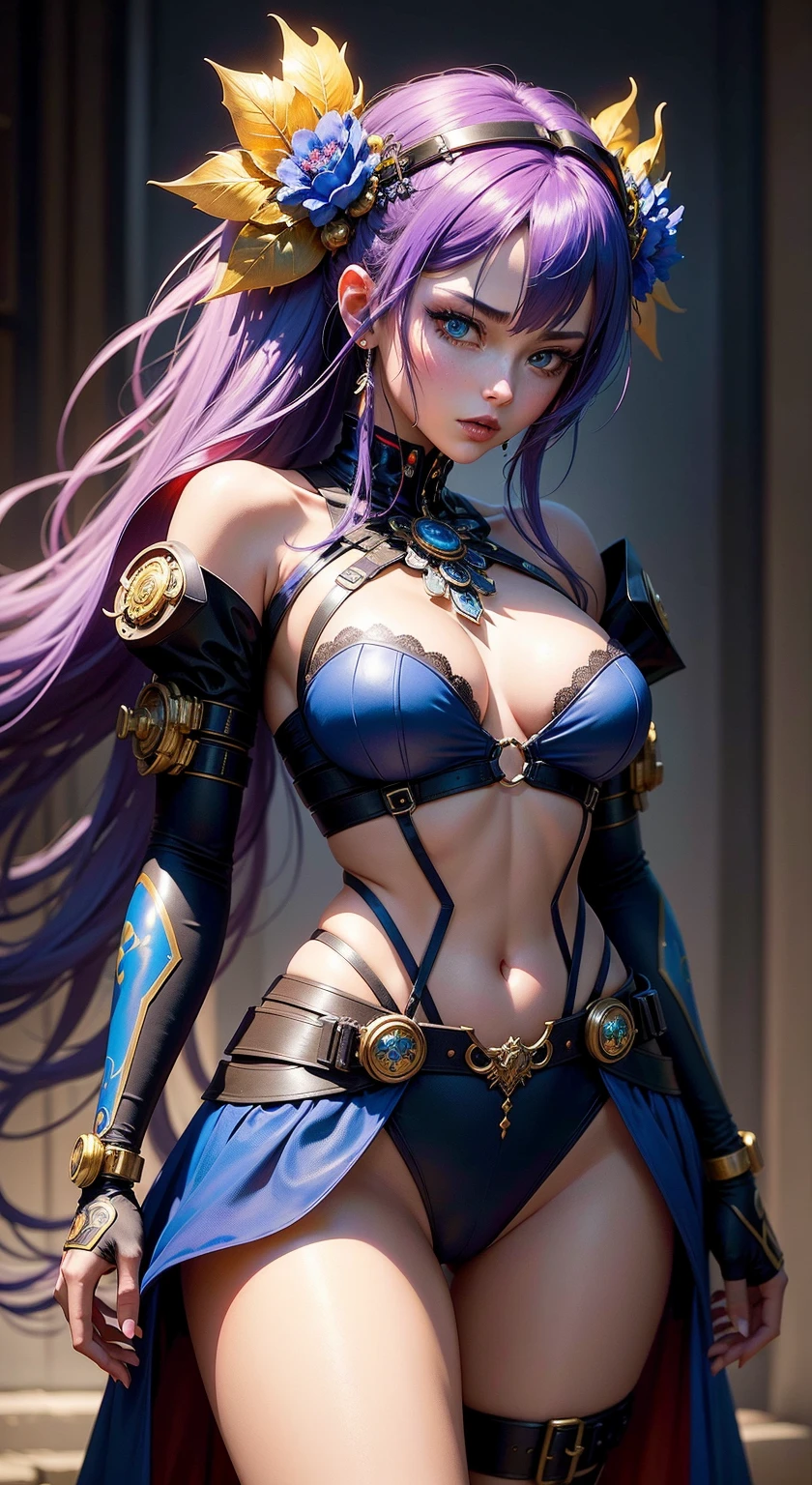 Irelia league of legends, obra maestra, mejor calidad, realista, 1girl, cabello morado, grande, piernas realistas, armadura sexy, Black lingerie, medias, tacones de aguja, en pleno crecimiento, dagas curvas flotando