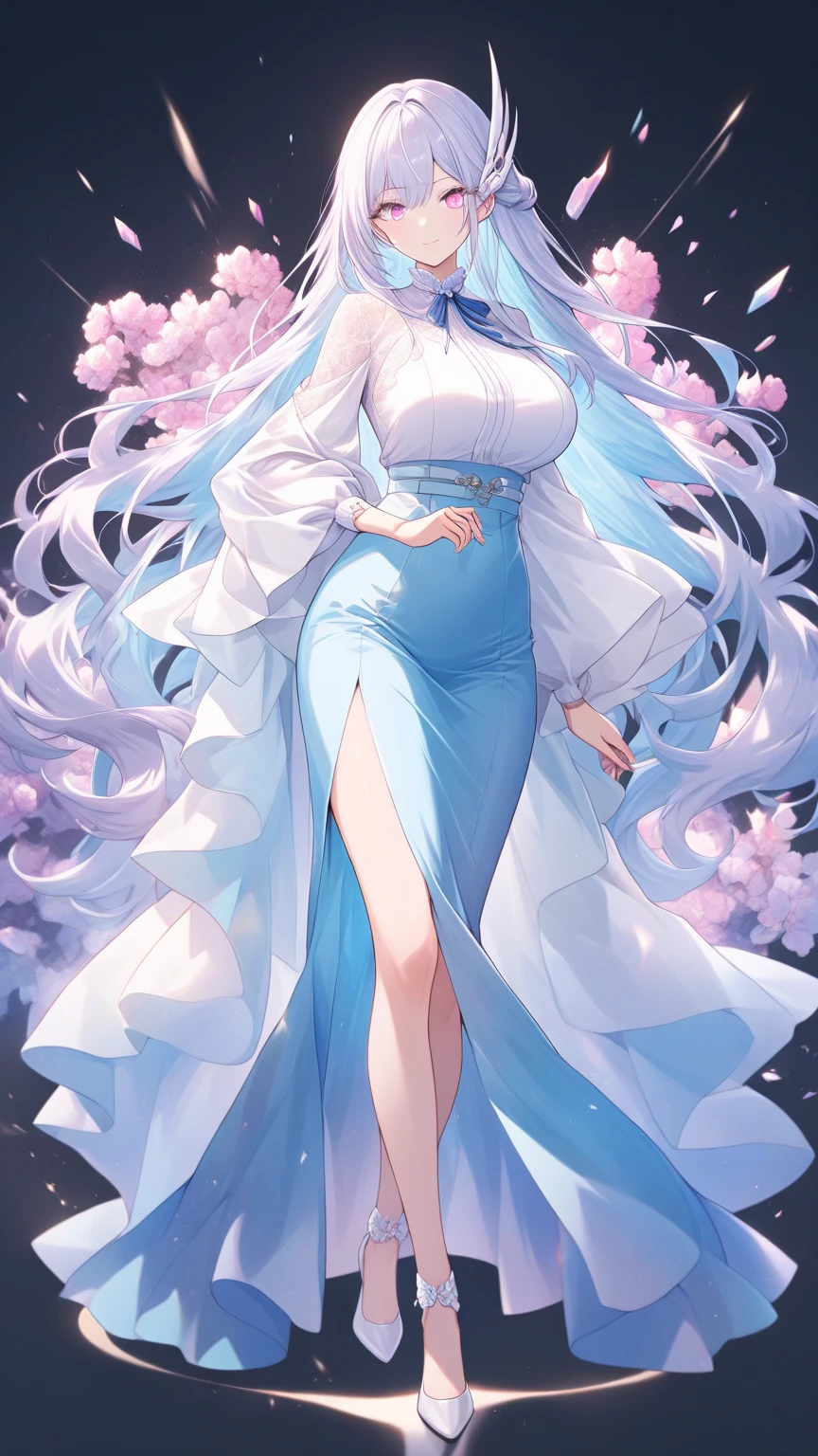 score_9, score_8_up, score_7_up, ultra detailed, full body, looking at viewer, chinese fairy woman, china goddess, wide sleeves, hanfu, see-through, dress, robe, exposed shouders, Chinese traditional style, (hair ornament), floating fabric band behind the character forming an arch, blue eyes, white hair, long hair, skirt open on sides, beautiful legs, big breasts, sideboob, dwarfoil, Oiled skin, gloss lips, detailed outdoor background,