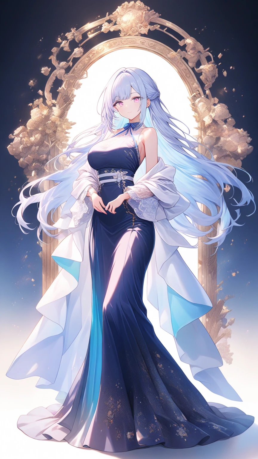 1girl, 164 cm height, tall girl, charismatic, 18 years old, navy colored hair, very long hair, pretty, white silver eyes, glowing eyes, white long bride clothes, long clothes, longs skirt ,diamond pendant, standing, light crown