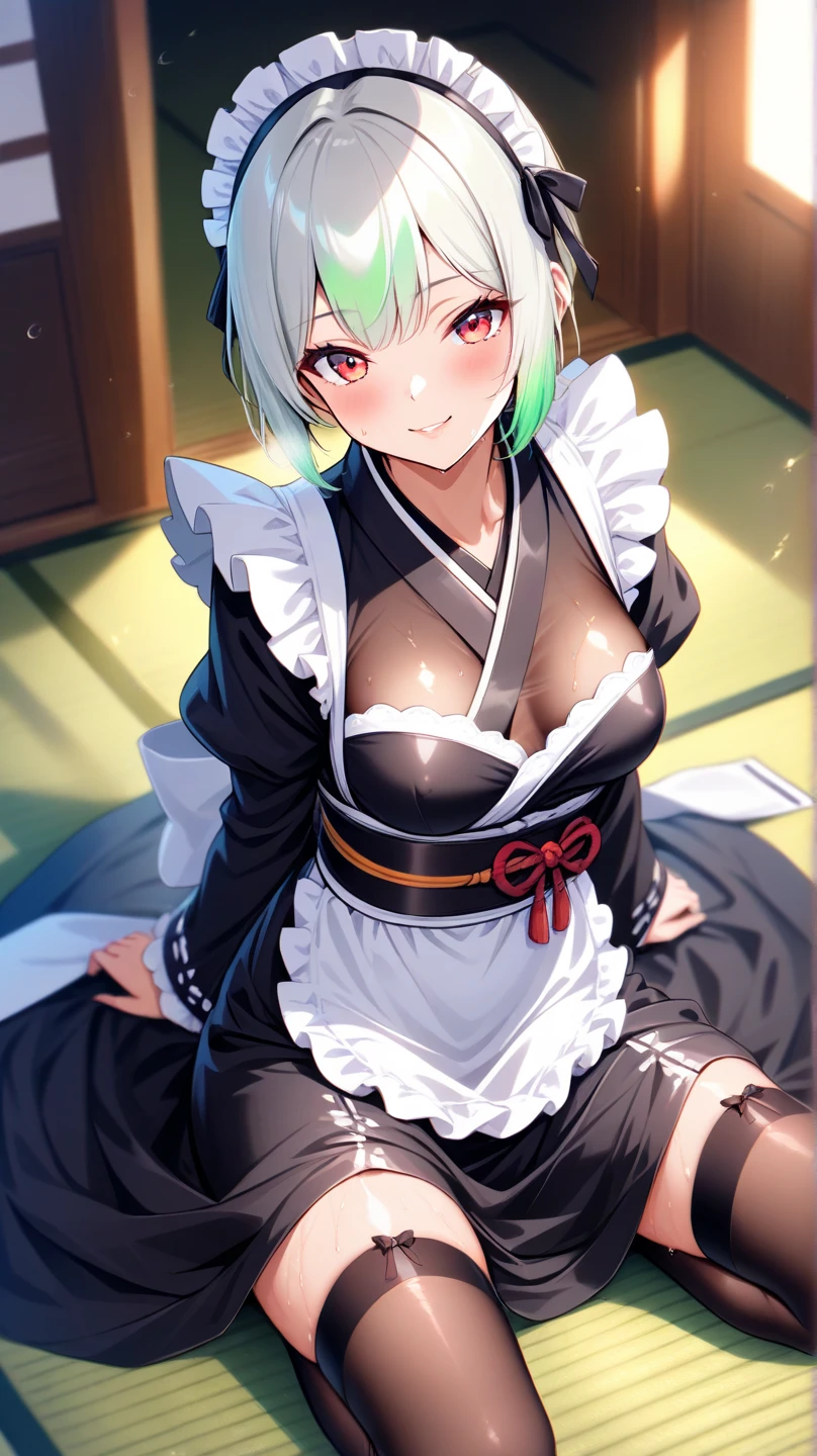 masterpiece, Highest quality, (Focus on one person), (Perfect Face:1.1), (Attention to detail:1.1), Maid, Arknights, Kelsey, Kelsey , 口を閉じてExpressionless, Expressionless, Five fingers, Not laughing, Maid, Greenish white hair, Yellow-green eyes, Five fingers, Black Lingerie, Dirty clothes