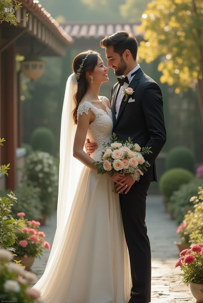 A touching moment captured on the wedding day of a brave policeman and his beautiful bride. The policeman , dressed in his pristine uniform, stands tall with a confident smile. His bride, adorned in an exquisite wedding dress, looks into his eyes with love and joy. The bride holds a bouquet of vibrant flowers, complementing the colorful scene. The venue is a picturesque garden, filled with blooming roses and lush greenery. Soft sunlight filters through the trees, casting a warm glow on the couple. The atmosphere is filled with happiness and anticipation, as friends and family gather to witness their union. A professional photographer captures this precious moment, freezing it in time. The style of the image is a classic wedding photography, shot with a full-frame DSLR camera using a prime lens to capture the details and emotions perfectly.
