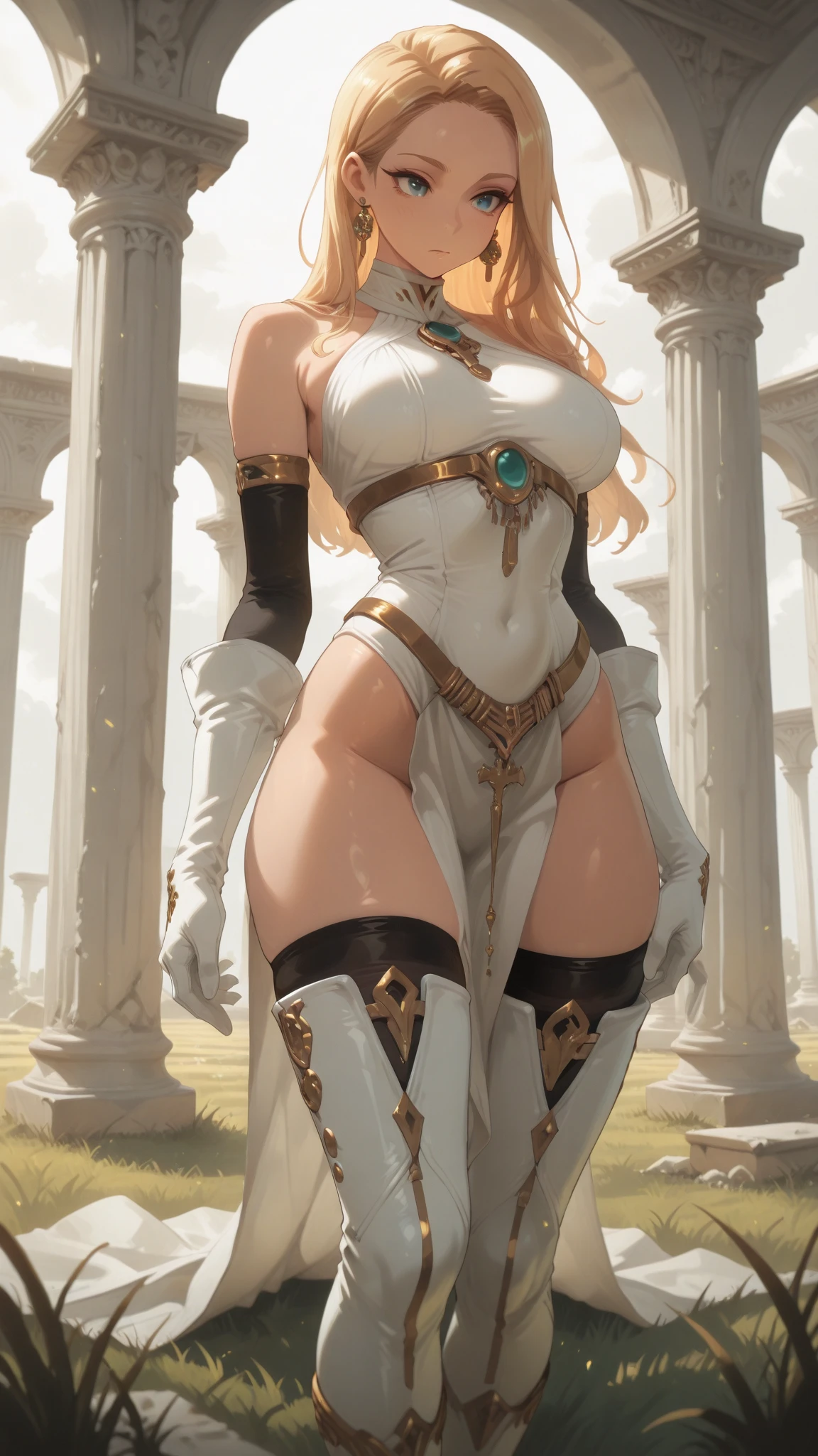 gwen tennyson,tracer,bulma,rebecca chambers,1girl,close up,elf ears,elven armor,gold head and neck jewelry,body tattoos,short hair,long dress,wolf fur, ceremonial cape,viking corset,tight skirt,bamboo forest,gold,amulets,tribal piercings and tattoos,white tribal top,green eyes,orange hair,shy smile,freckles,redhead,beautiful girl,large breasts,thigh high boots,ultra detailed,realistic,fantasy art,garter belt,braided hair,holding a dagger,