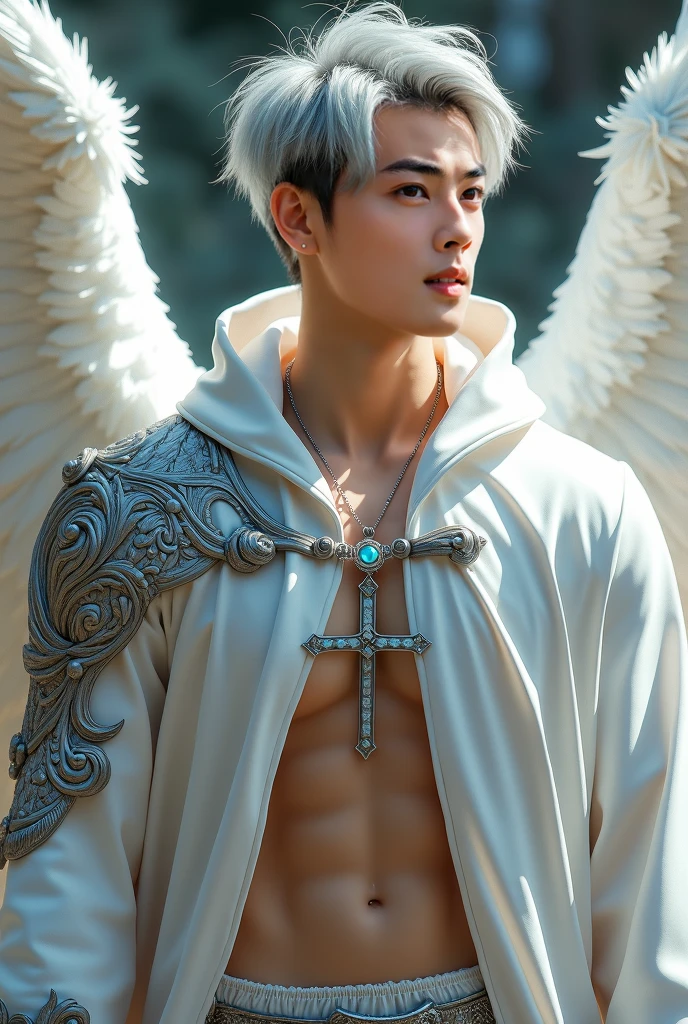 Phōsphoros. Not safe for work. Realistic waist up photo. Match. Young short haired blond man flying. Winged god holding a torch and crowned with a brilliant halo. He wears a long white loincloth that billows in the wind. It is in the sky at the time of dawn. ((masterpiece)). Professional photography, ultra-sharp focus. RAW analog photography, 80mm f2.8 lens, best quality, ultra detailed, 8k, intricate detail, minute detail, detail rendering, lifelike detail. Detailed hands, perfect eyes, detailed face.
