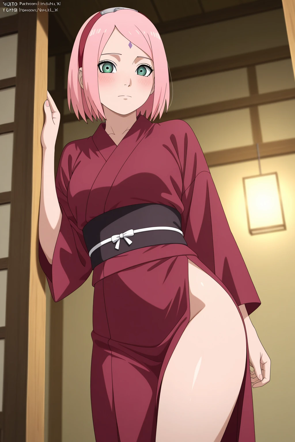 photorealistic, (4k), depth of field, (Masterpiece), (realistic skin texture), extremely detailed, intricate, hyper detailed, professional photography, bokeh, high resolution, sharp detail, best quality, girl, red and white kimono, long hair, pink hair, pink eyes, horns, twisted torso , (pussy:1.2), nude, (lake background:1.3),
