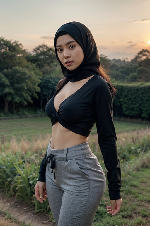 RAW, Best quality, high resolution, masterpiece: 1.3), beautiful Malay woman in hijab,Masterpiece, perfect slim fit body, (???????????), big gorgeous eyes, Soft smile, wear a tight shirt & tight leggings, necklace, shairband, afternoon walk, City garden, Excellent lighting, Bright colors, Clean lines