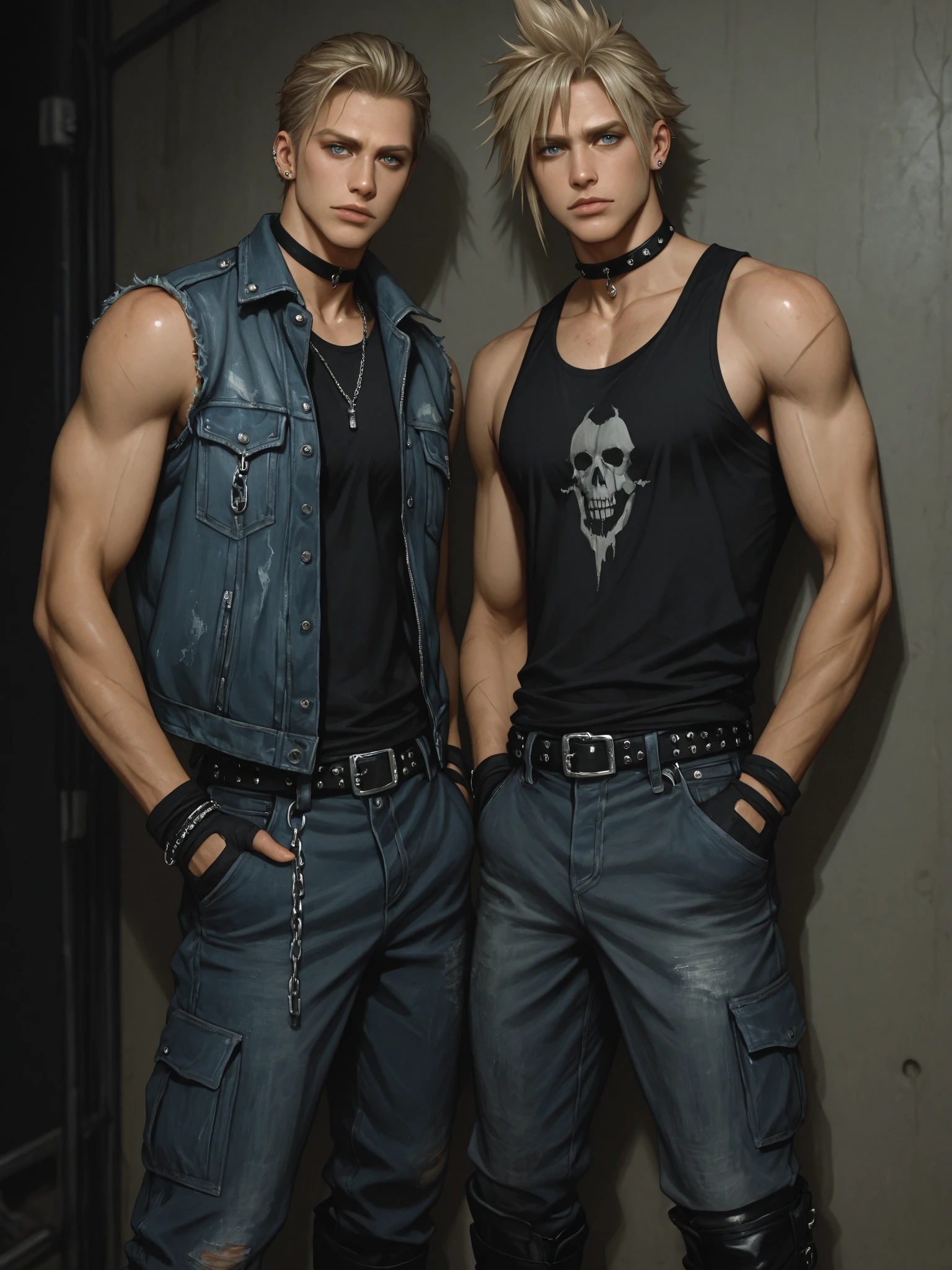 ((Best quality)), ((masterpiece)), (detailing), ((perfect face)), ((half of the body)) Perfect proportions, The blond guy, he's a bad guy, 23 years old, he has disheveled short curly golden hair, blue eyes, cool, he's sexy, he has a lot of piercings, he is dressed in black leather, he has tattoos on his arms, he wears tight trousers and army boots, he wears accessories with spikes, he is against the background of a night city ((perfect face)) full-length+, disheveled short curly golden hair, tall, athletic, athletic, handsome, masculine. The blond guy.