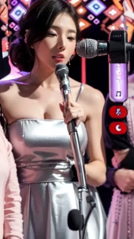 mature woman, Beautiful woman、(Sweat,vapor, Vulgarity), ((tight white long maxi sweater dress))、big cleavage、tight clothes、(full shot, /red eyeliner/、/fluorescent pink glossy lipstick/)、long shot, Beautiful depiction、knowledgeable person、detailed background、quality people々、high quality face、Ultra-high-definition animation、(beautiful black hair:1.8)、earrings、clavicle、(((big breasts)))、Wet, loose clothes, (((A tight dress that shows off your body lines、))), background bokeh、detailed background、((Sing loudly in front of a microphone stand、open your mouth wide、Screaming))、sing on stage、Laser beam、Huge screen、Spotlight、live house、With a live band behind、