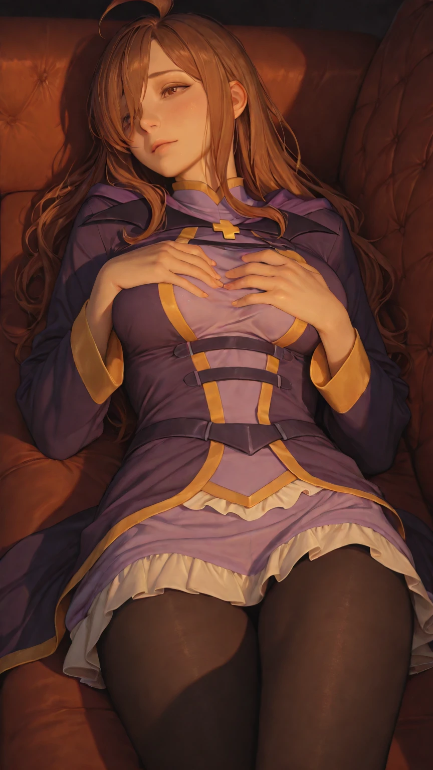 <lora:yunaka-10:0.8>, yunaka fe, looking at viewer, kneeling, seiza, on bed, blush, smile, bodysuit, cleavage, choker, belt, cape, red eyes, star hair ornament, hair ornament, facial tattoo, hands on own knees, bent over