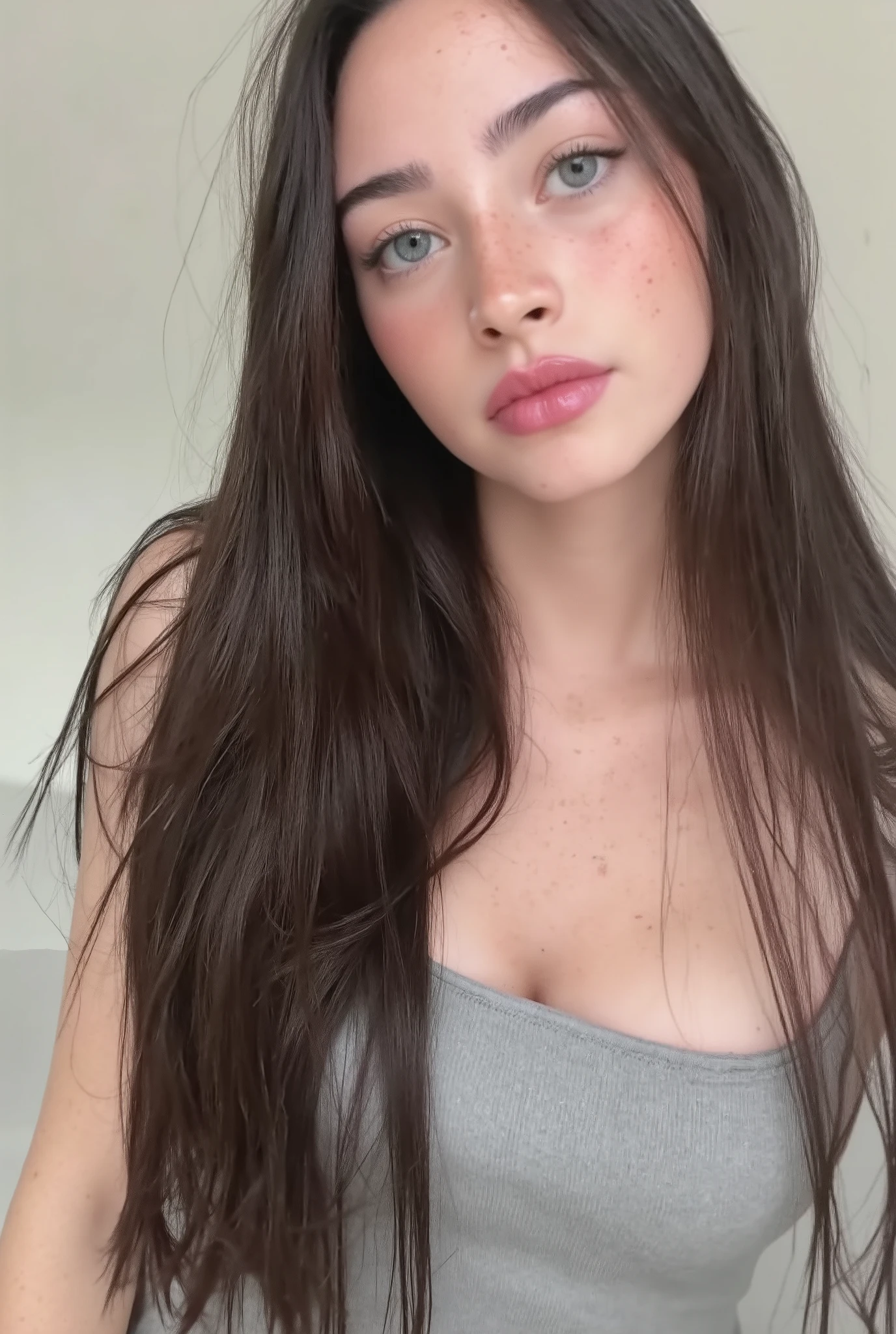 close-up, top photo, realistic photo, photorealism, facial details, skin details, young brunette, long hair, very bright scene, natural light, short tight gray dress, cleavage, stockings, high heels, white wall in the background