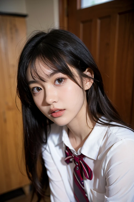 ulzzang-6500-v1.1, (Raw photo:1.2), (Photorealism), Beautiful detailed girl, Very detailed eyes and face, Beautiful detailed eyes, Huge file size, (Big), High Resolution, Very detailed, Best quality, [Masterpiece:1.6], [JK Uniform], Illustration, Very detailed, CG, Fine detail, Best quality, Very detailed CG uniform 8k wallpaper, Movie Lighting, 1 girl, 17 years old, cute Japan high school girl, perfect figure, [wearing white school blouse unbuttoned], large taut breasts, [huge breasts, heavy breasts, H cup: 1.8], cute drooping eyes, beautiful big eyes, white school blouse, bra, sweaty and wet, [sexual arousal: 1.1], lying in bed: 1.5], hands raised, School uniform ribbon around neck, smile, (the whole body is wet), shining eyes