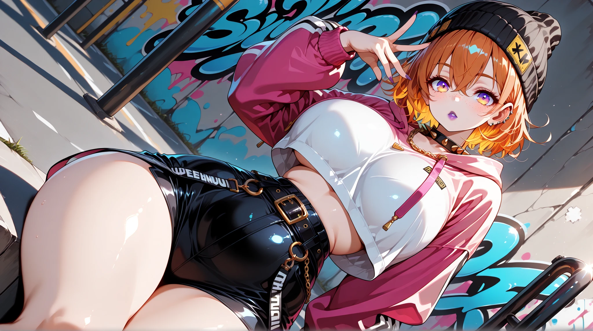 Girl hair cut Bob pink jojo pose  jacket open mini skirt snikkers Black 