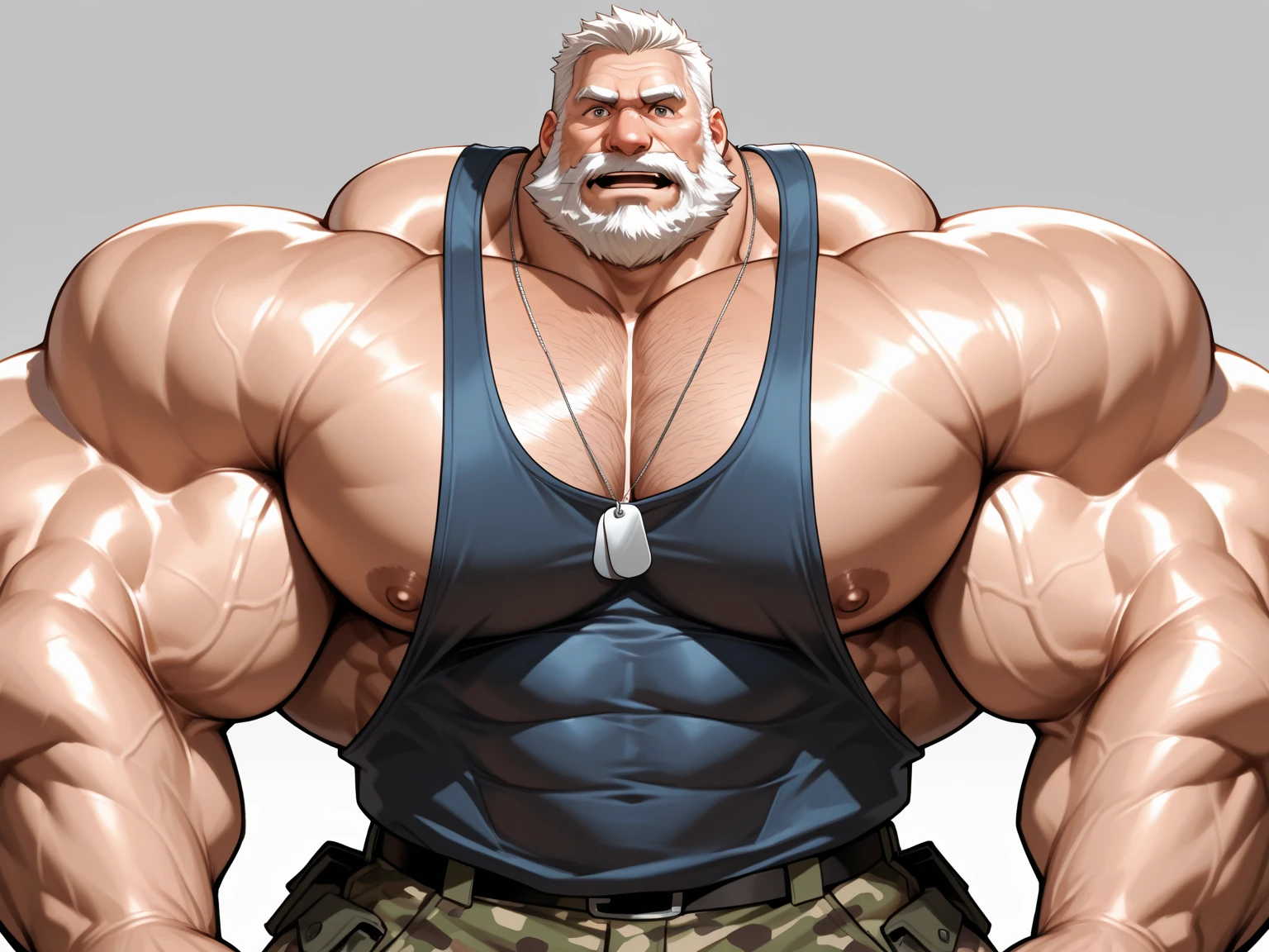 solo, 1boy, Huge Muscular Old man wearing cap , pectoral, thick arms, huge pectoral, wide pectoral, short white hair, short pants and shirtless, bearded, mustache, simple background, masterpiece, high detailed, 8k, high resolution