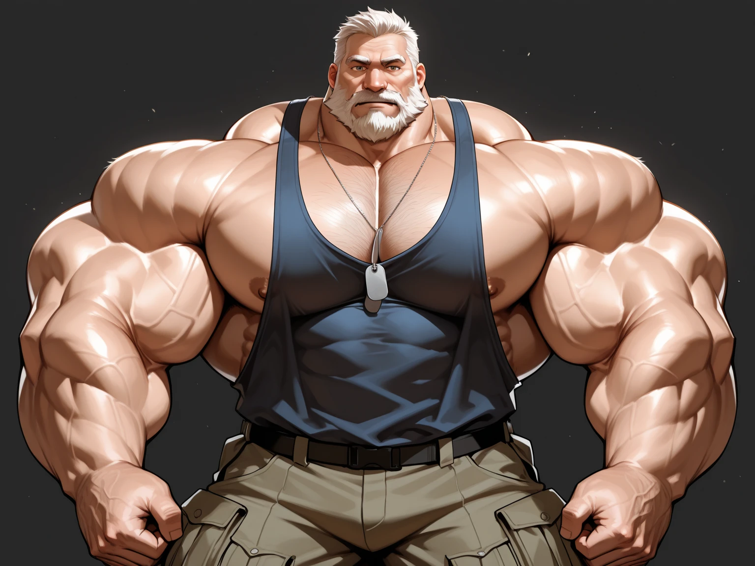 Wide medium shots, ground level camera shot, (best quality,4k,8k,highres,masterpiece:1.2),ultra-detailed,(realistic,photorealistic,photo-realistic:1.37),((massive muscular)) ((huge Muscular)) old man standing in photo studio, simple background, shorts , white hair, super thick arms, super big pectoral, super wide pectoral, topless, shirtless.