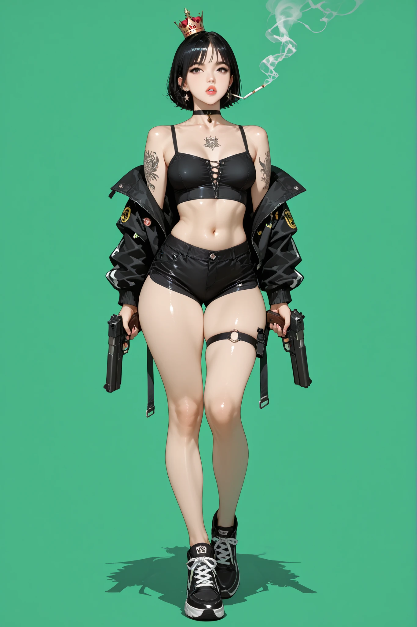 1girl, weapon, solo, shorts, gun, black_hair, holding_weapon, holding, shoes, black_eyes, holding_gun, black_jacket, thick_thighs, short_hair, jacket, breasts, thighs, short_shorts, navel, sneakers, crown, tattoo, full_body, black_shorts, choker, standing, leg_tattoo, open_clothes, handgun, jewelry, off_shoulder, mini_crown, open_jacket, smoking_gun, earrings, midriff, parted_lips, makeup, star_(symbol), black_footwear, green_background, small_breasts