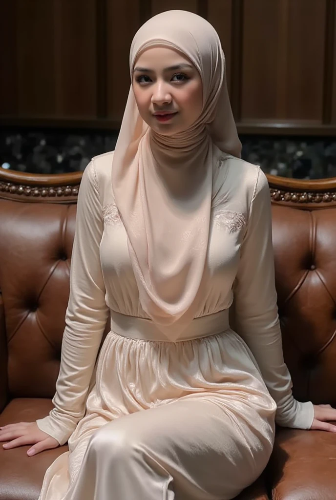 50 years Old, Hijab Indonesian mature woman, Big Tits : 66.9, Gamis, Breast out from her clothes : 1.9, at doctor office, Dark light, at Nighttime