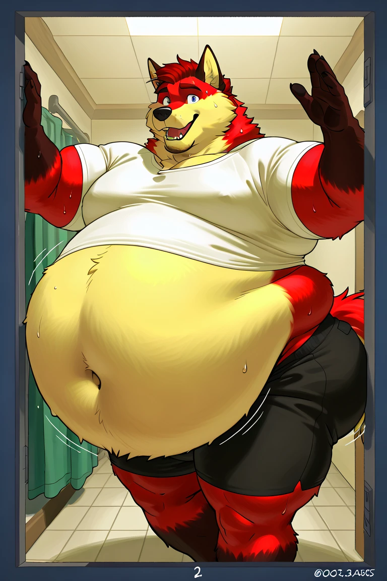 ultra high quality, hi res, beautiful shading, Foxy the pirate, eyepatch,eyes half open, staring at viewer seductively, standing on a stage, red curtains, wearing only a red thong, hands on hips, genitalia bulge, morbidly obese,((590 lbs.)), by ((ASaneMan)),((femboy)), wide hips, hyper thighs, massive ass, hour glass body shape, full body