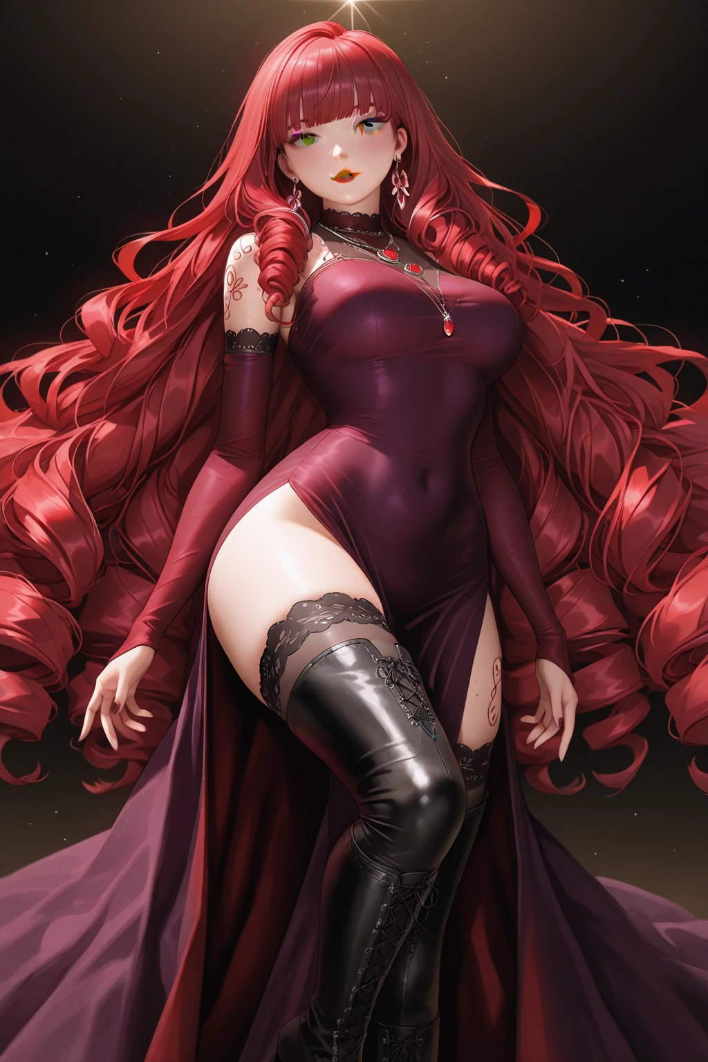 Scarlet Castlevania, (Scarlet Castlevania), tenebrosa, standing alone, ray tracing, 3D style, 3dmm, ((3 poses per photo)), ((3 poses in each photo)), fully body,(from front view),(Rear view), (view on the left), blackstockings, Tear at the waist,(((3 poses per photo))),((symetry)) ,((ultra realistic skin)),(minimalist details),((large open dress with v-cuts)),(((dress with spikes))),(((slits between the legs))),(((well-defined groin))),(drawn curve),(((necklines))),(((thick and beautiful legs))),(((big boobies)))