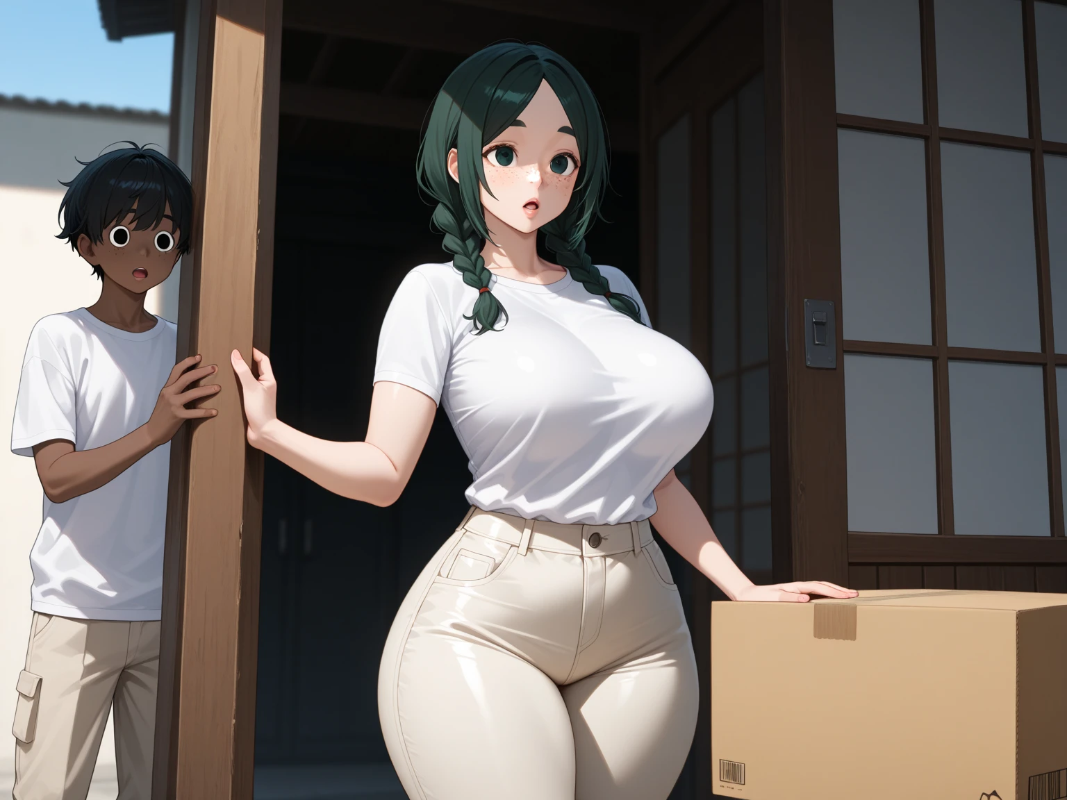 A Cute Young Girl, with (Lush, Medium Length Hair), ((Dark-Brown Hair)), (Big Beautiful Brown Eyes), Absolutely Enormous Breasts, Thick Thighs, and is Extremely Plump. Wearing an ((Off-white sweater)), a ((Cute Green Pleated Skirt)), and (Black Square Glasses, with a Thick Frames). Inside a Modern House, with wood paneling on the walls.
