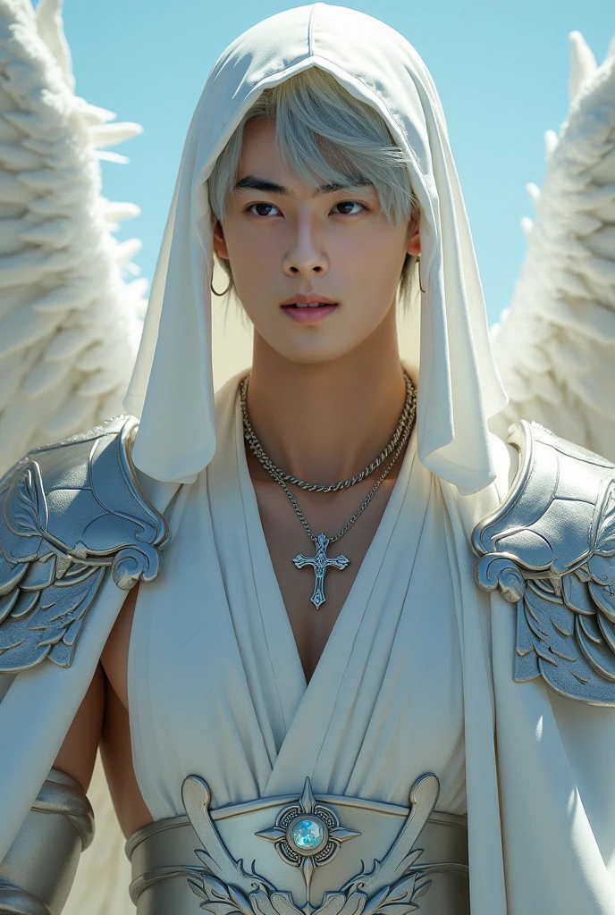 short haired guy with angel wings 6 wings 6 pack body wearing open chest shirt with chain necklace, 8K high definition sun cloud scene, Best quality, Masterpiece, Ultra high definition, ( Realism: 1.4), Original image, (Actual skin texture: 1.3), (Film grain: 1.3), (Panoramic angle )