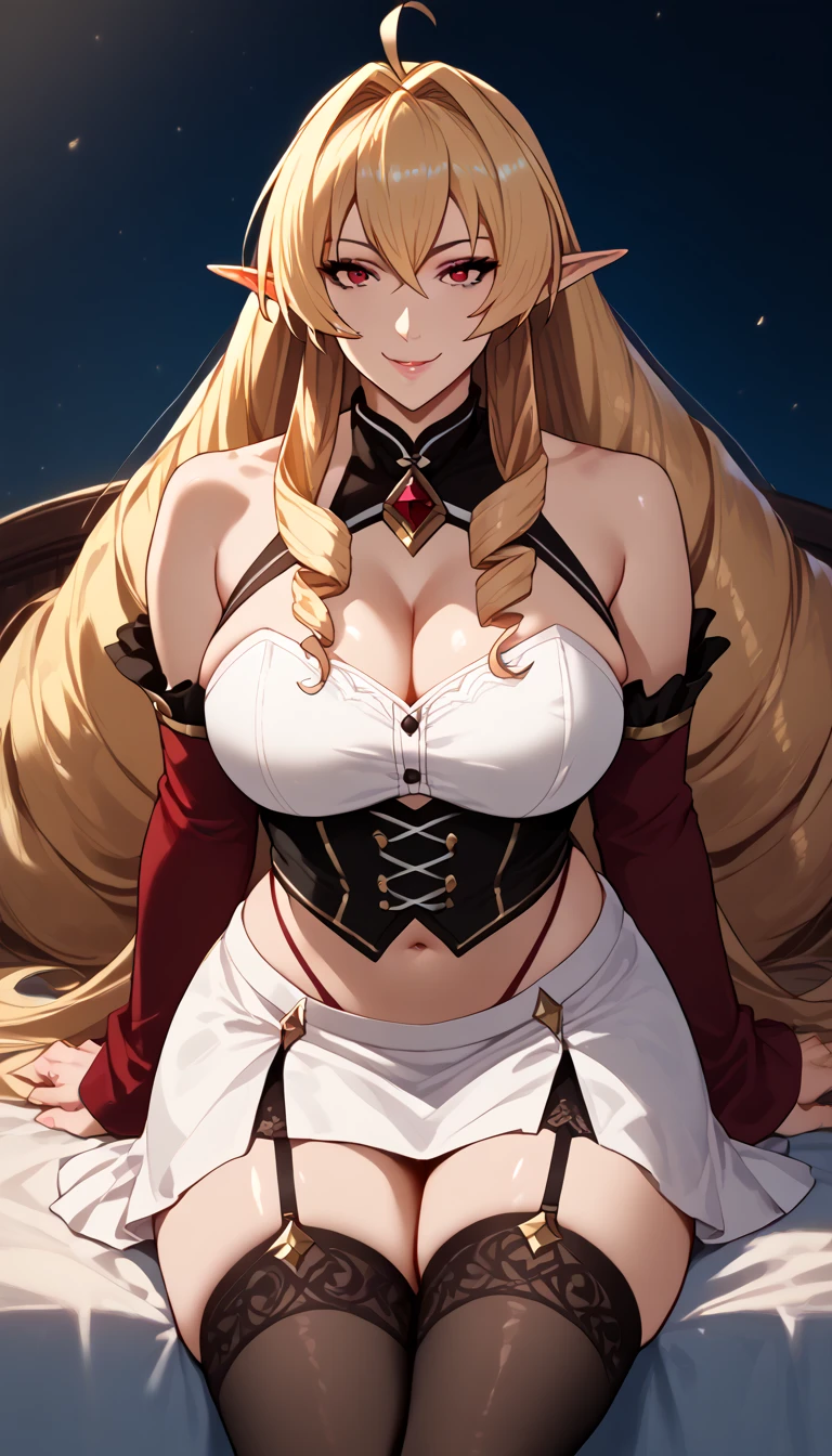 1 girl、Blonde、Long Hair、Fantasy、goddess、Black clothing、Complicated costumes、Gold decoration、(Aggressive design)、Sleeves that cling to the arms、Bigger breasts、Expose、Shameless、Provocative、Fan、Lust、((Expression of agony))、(sexual excitement)、Red Eyes of Nothingness、Devil horns、Lewd Scent、Sigh、Bikun