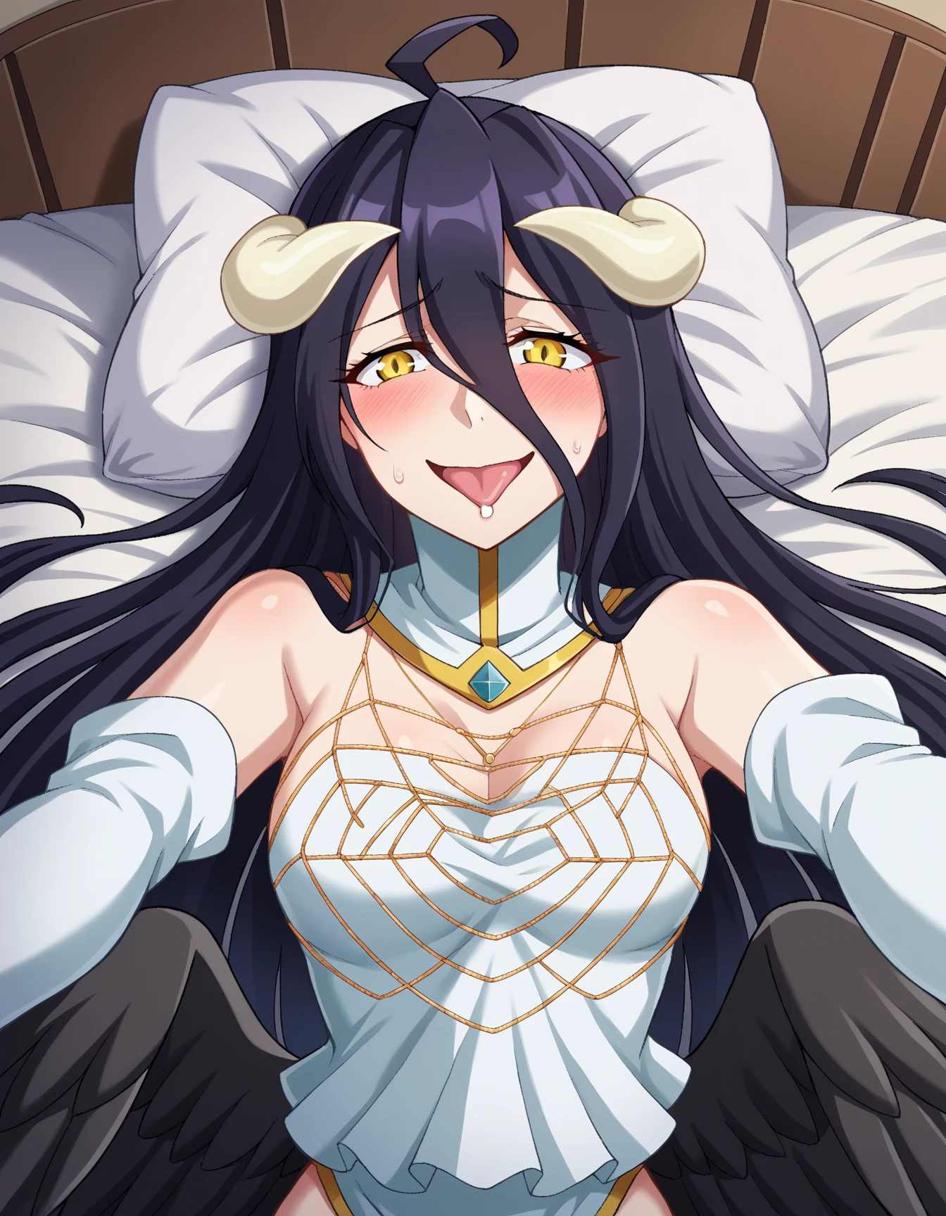 masutepiece, Detailed, Best Quality, Beautiful Girl, Shackles, stock, Troubled face, black hair sexy girl 1girl in, albedo from overlord character, sexy female, Blunt bangs, Big breasts, Amused expression, Looking at Viewer, big butt, mature body, very big tits, half naked, small thong, cute pose, big butt, full body picture, yellow eyes, nsfw, hard nipples, fully naked, a little big areolas. Naked, lie in a bed, cute poses, golden neck chocker and bracelets, super small bikini, g string