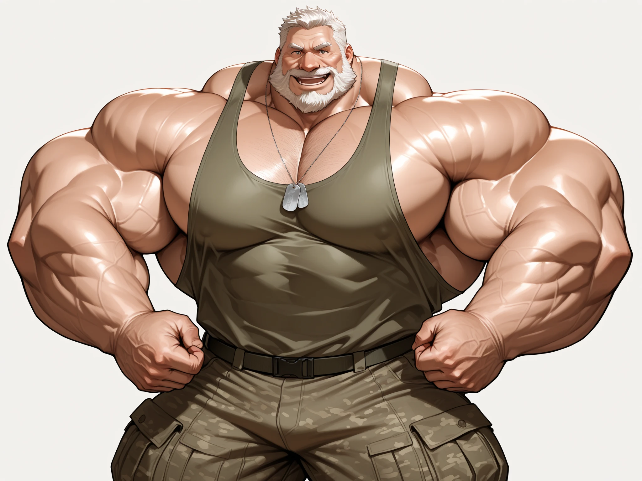 Proudly showing off his muscular arms、A large, overweight, elderly man