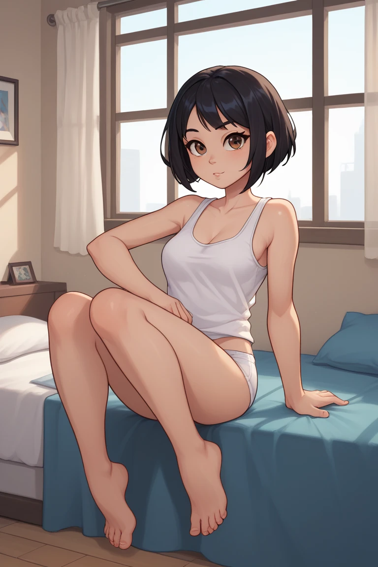 ((Medium Shot)), beautiful girl, skinny, very short hair, brown hair, (wear a white long-sleeved T-shirt), (white bikini panties) , Perfect hands, Perfect body, put her feet on the table., (bare foot), (looking away), ((Exquisite detail)), Very finely crafted fingers(((10 fingers))), , (Full-body showcase), (Show your whole body), (No logos on background), (No logo), The camera frame is taken from below.,
