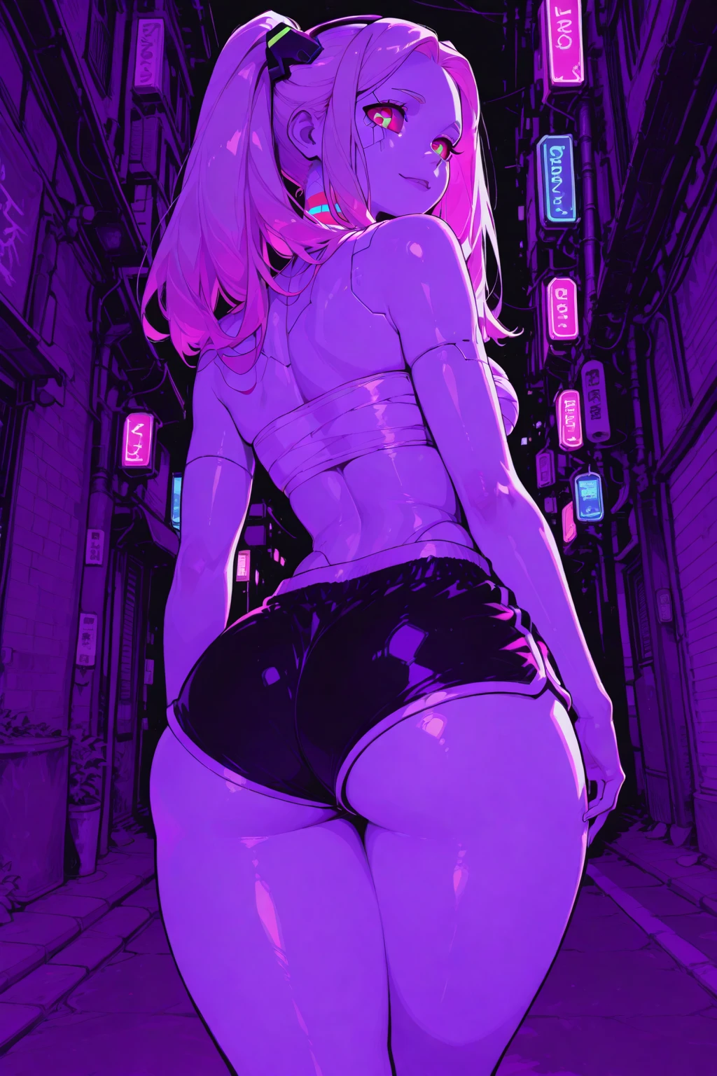 cute cartoon girl,(((1 girl))),((extremely cute and beautiful Hair with liquid dye haired anime girl walking down the Street)), (breasts big:1.4),saggy breasts,shorth hair,(((Hair with liquid dye:1.1,neon purple hair|neon pink hair|neon blue hair|neon hair aqua|cabelo roxo|fuchsia hair|fluorescent blue hair|Amethyst hair|neon hair|bright pink hair :1.5,shiny hair: 1.3,hair made of dye and defies gravity,thick flow,ink spatter:1.3,shiny hair: 1.3,cabelos coloridos vibrantes))),((heterochromia,purple eye1,Eye2 Pink,upturned eyes:1.3,perfects eyes,beautiful detailed eyes,rainbow sparkles ultra-detailed deep pink purple eyes:1.1,gradient eyes:1,beautiful finely detailed eyes:1,symmetrical eyes:1,big highlight on eyes:1.2)),((fatter)),(((shining skin:1.5,shining skin: 1.5,skin tanned,shining skin,very shining skin,shinny body,plastic glitter skin,exaggerated shining skin))),(spider lower abdomen,narrow waisted,wide hip,athletic body,inflated legs,delicate and detailed fingers,body detailed,detailed arms,human hands,(face detailed)), cute,slutty,seducer,Erotic,((((nsfw)))) (((clothes with liquid paint,clothes made of liquid paint))),below the chest,with liquid paint micro clothes,bodypaint, dripping paint,(detailed outfit,detailed clothing),liquid pain small thong,naked legs, (dynamic pose:1.0),focus only,embarrased,centred,scale to fit dimensions,rule of thirds, plein-air,((night vision)),(very beautiful city neon synthwave,cyberpunk night Street Background:1.5,dark sky,thick clouds),((neon lights)),(cyberpunk style,neon lights, (fundo do tema synthwave), Street),(((detailed back ground:1.25))), (best qualityer),(high resolution),(sharp focus),(ultra detaild),(extremely detaild),(high quality works of art),8K_wall-paper,(extremely detaild CG 8K),(muito bom 8K CG),(