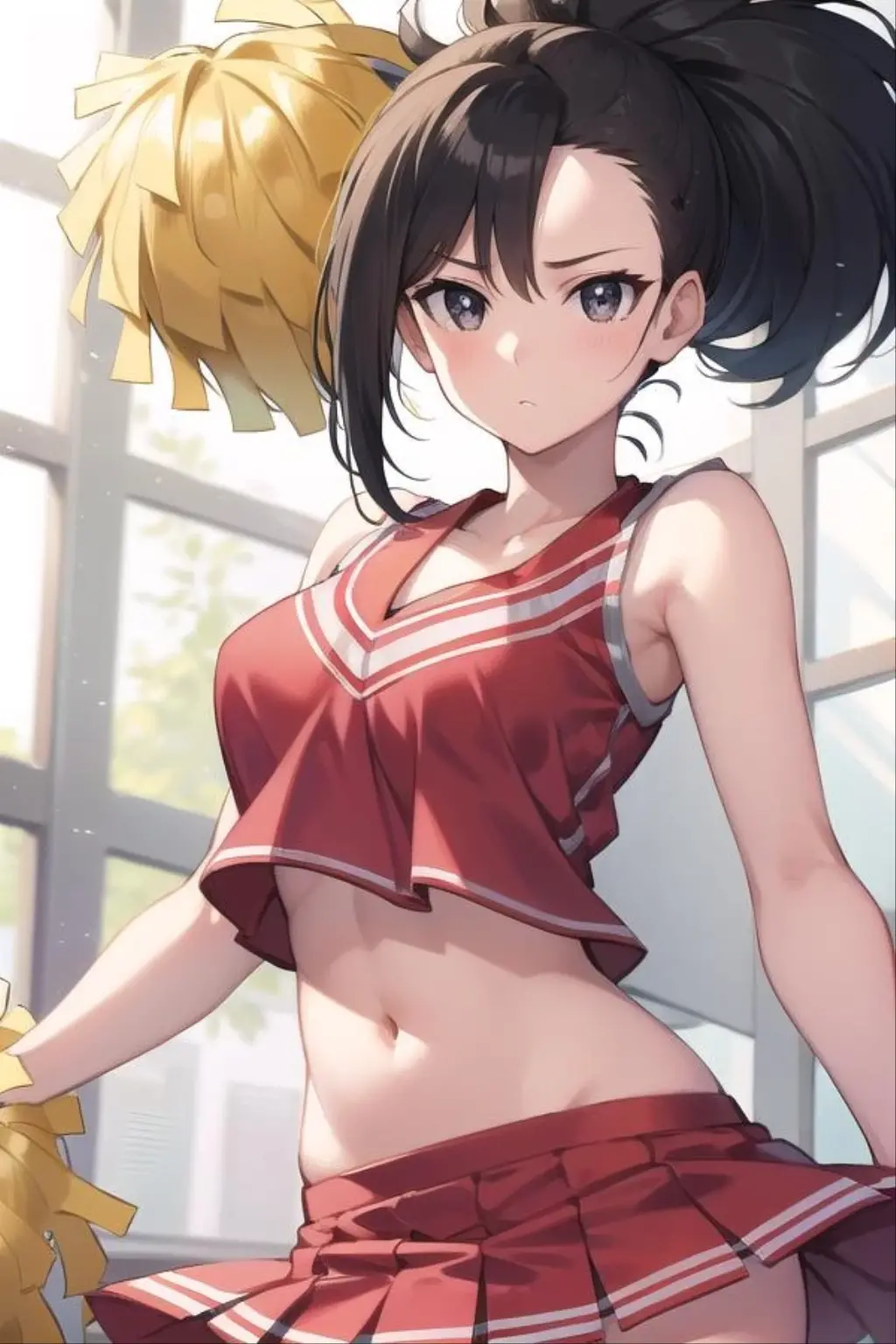 momoyaoyorozu, <lora:momoyaoyorozu-lora-nochekaiser:1>,
momo yaoyorozu, (black eyes:1.5), black hair, high ponytail, medium hair, ponytail, wide ponytail,
BREAK cheerleader, crop top, holding pom poms, midriff, navel, orange skirt, pink footwear, pom pom (cheerleading), pom poms, ponytail, skirt, (u.a. cheerleader uniform:1.5),
BREAK looking at viewer, full body,
BREAK indoors, classroom,
BREAK <lyco:GoodHands-beta2:1>, (masterpiece:1.2), best quality, high resolution, unity 8k wallpaper, (illustration:0.8), (beautiful detailed eyes:1.6), extremely detailed face, perfect lighting, extremely detailed CG, (perfect hands, perfect anatomy),