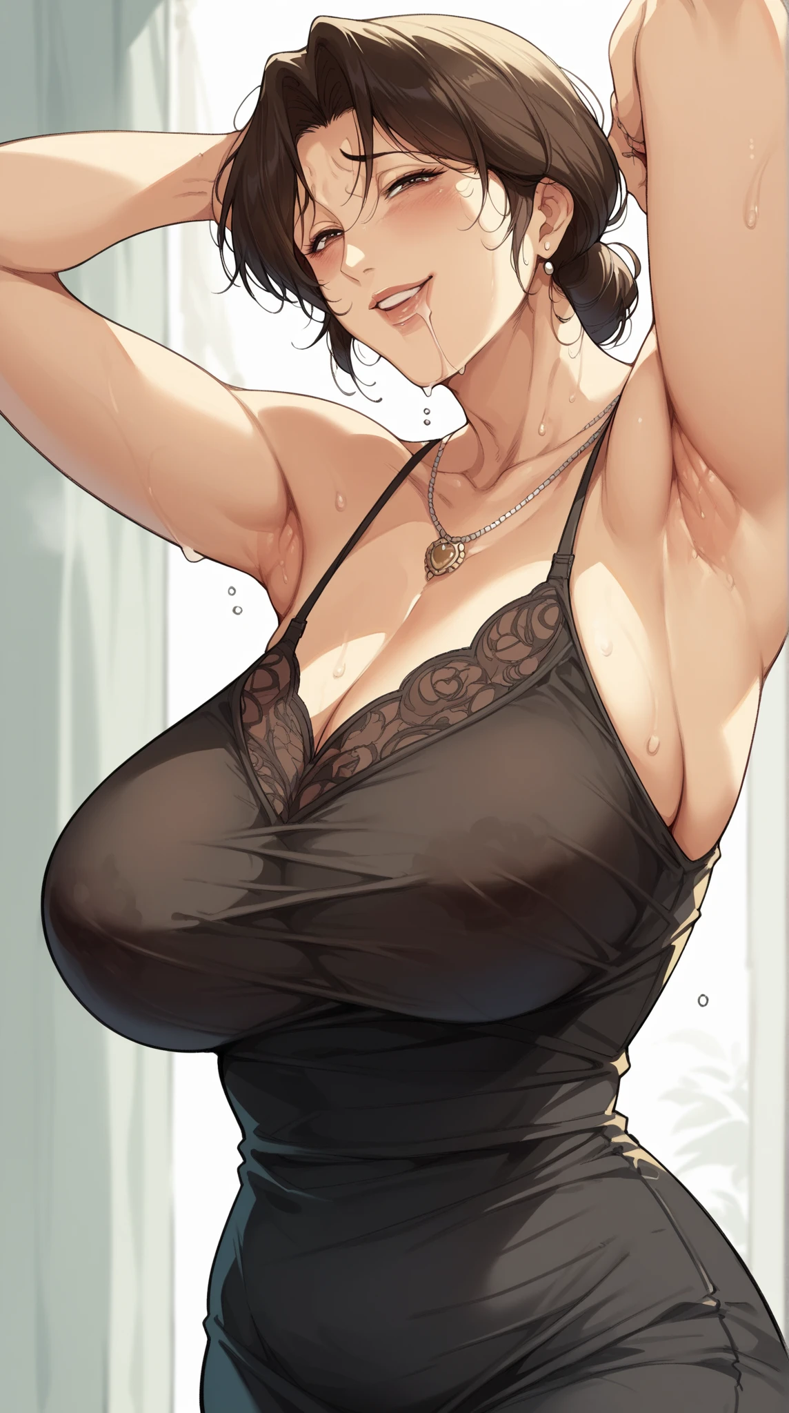 1,short hair,Photorealism,detailed,masterpiece,mature,((full)), (Broad shoulders), ((Huge)),Gold Micro Bikini,Showing cleavage,look at your thighs,Great hole,smile,masterpiece,High-quality illustrations