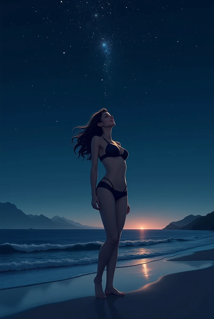 night sky, star, hope, beauty, Bright moonlight, back view of a woman