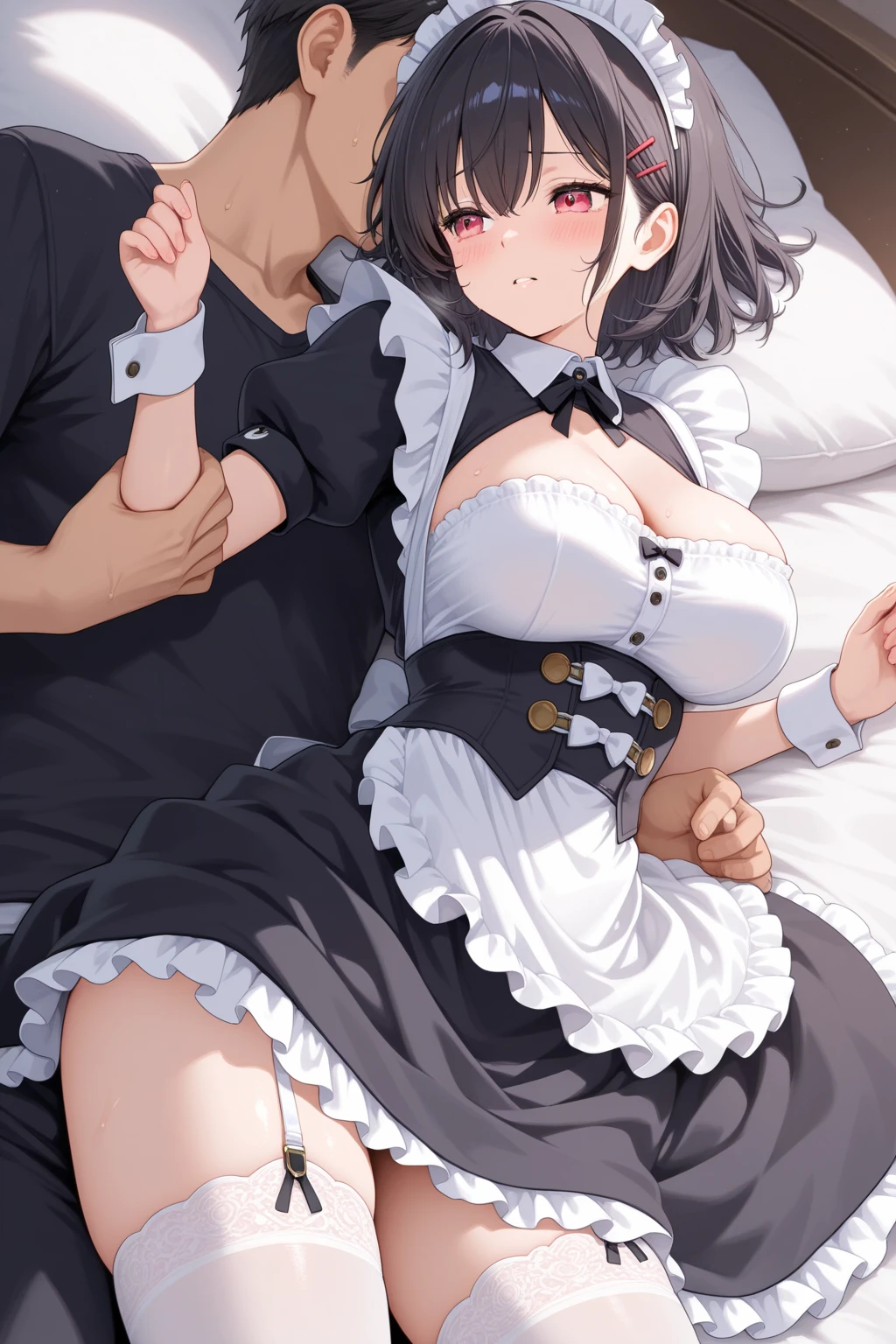 Semen Bukkake:1.3 NSFW:1.3,The young wife is a former student council president、28-year-old female、naked:1.3,Being pushed down by a man:1.3. Being held by the waist:1.3,night:1.3,Sweat:1.3,Flushed cheeks:1.3,humiliation:1.3,Missionary sex:1.3,Angry face:1.3.Teeth grinding:1.3,Glare、Long black hair ponytail、Frill Scrunchie、Having intense sex:1.3.Spread your legs:1.3,The penis is inserted into the vagina:1.3,Wet:1.3,(Slit eyes、Brown eyes、tall、Big breasts)、On a black sofa、A cabaret club with flashy decorations:1.3,Maid clothes,sake