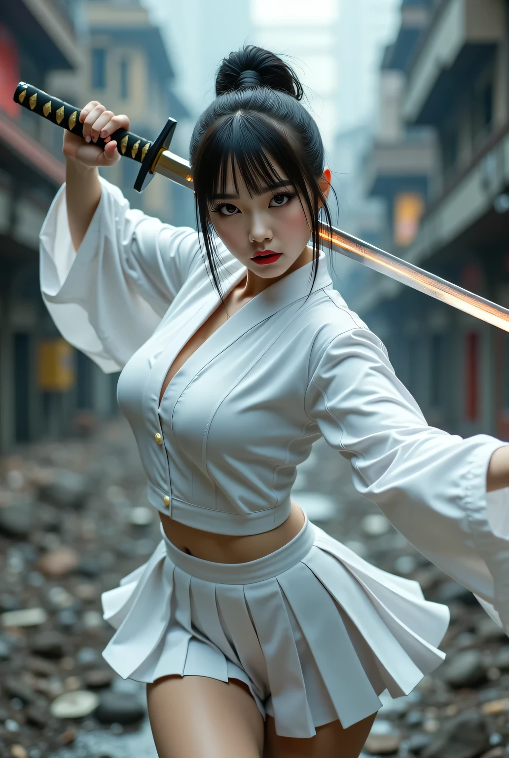 Sailor uniform and white pleated skirt.
Background is a destroyed city.
Luminous samurai sword. Exorcising evil spirits. Reflection of light after.
Sorcery effects, magic effects, motion effect.
She is swinging a samurai sword, movement effect.
Super beautiful Japanese girl, closed mouth, she is intimidating, staring at the viewer, makeup, eyeshadows, eyeliners, long false eyelashes, light red lips, short high ponytail.
Glamorous body.
White sailor collar uniform. White pleated skirt.