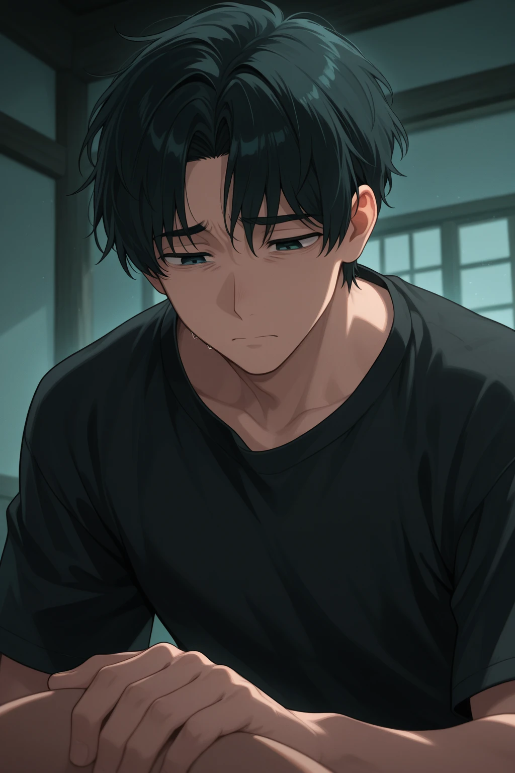 This photo shows a young man in a white shirt.. He has black hair, neatly styled, with a few strands of hair loose in the front. His face had a pensive expression., gently and a little thoughtfully as he placed a hand on his forehead, eyes slightly closed, create a sense of peace and relaxation.
In front of him was a bottle of wine., The bottle cap is dark blue.. The background of the photo is black., clearly highlight the face and details of the character. The overall tone of the photo gives a romantic feel., The stillness, a bit sad.