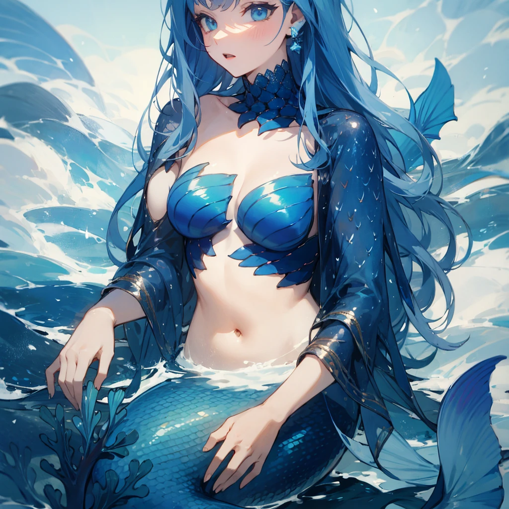 handsome girl，blue-eyes，blue pupils，Long blue hair，Hyperresolution，accuracy，Detailed rendering，（Subtle facial image）（Image of fine hair）（topquality）（Masterpieces of masters）（High degree of completeness）（A sense of atmosphere）tmasterpiece，Super detailed and super detailed（half-body portrait), long wavy blue hair, merfolk, , in water, (((tHICK WAVY HAIR)))(((ANKLE LENGTH HAIR)))(((naked)))(((Blushing)))(((Huge breasts)))(((LARGER BREASTS))) large breasts, bigger breasts.(((Mermaid ears)))