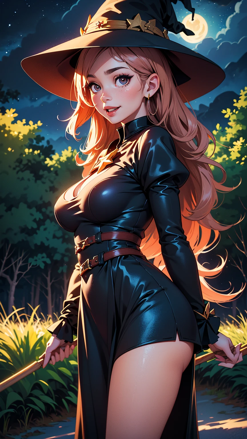 Parasoul, mature woman, long legs,sexy ,short little dress,coto vaste dress,tiny dress ,long tight sleeves, ultra black dress ,semi-exposed thighs ,medium hips, very big breasts, inverted cross figure on the chest, holding an umbrella in hand, big black umbrella, golden yellow leaves, one eye covered, Red hair,