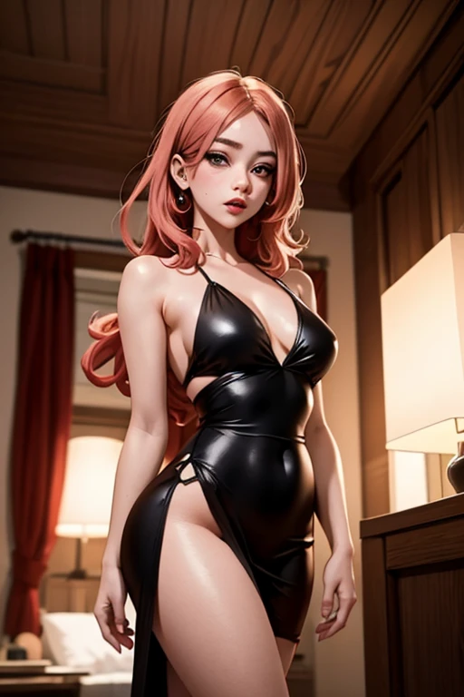 masterpiece, best quality, ultra-detailed, 1girl (namiop, sexual slavery of old man,Big and pretty breasts,naked body, jewelry, earrings, dog collar(chains), orange hair,long hair, brown eyes, half-closed eyes), smile, pink lipstick, soft makeup, parted lips, facing viewer, looking at viewer, solo, nude, see-through dress, long dress, cleavage, sideless, wanostyle, in the bedroom, slave , standing, Sexy waist teasing, come-on, lure