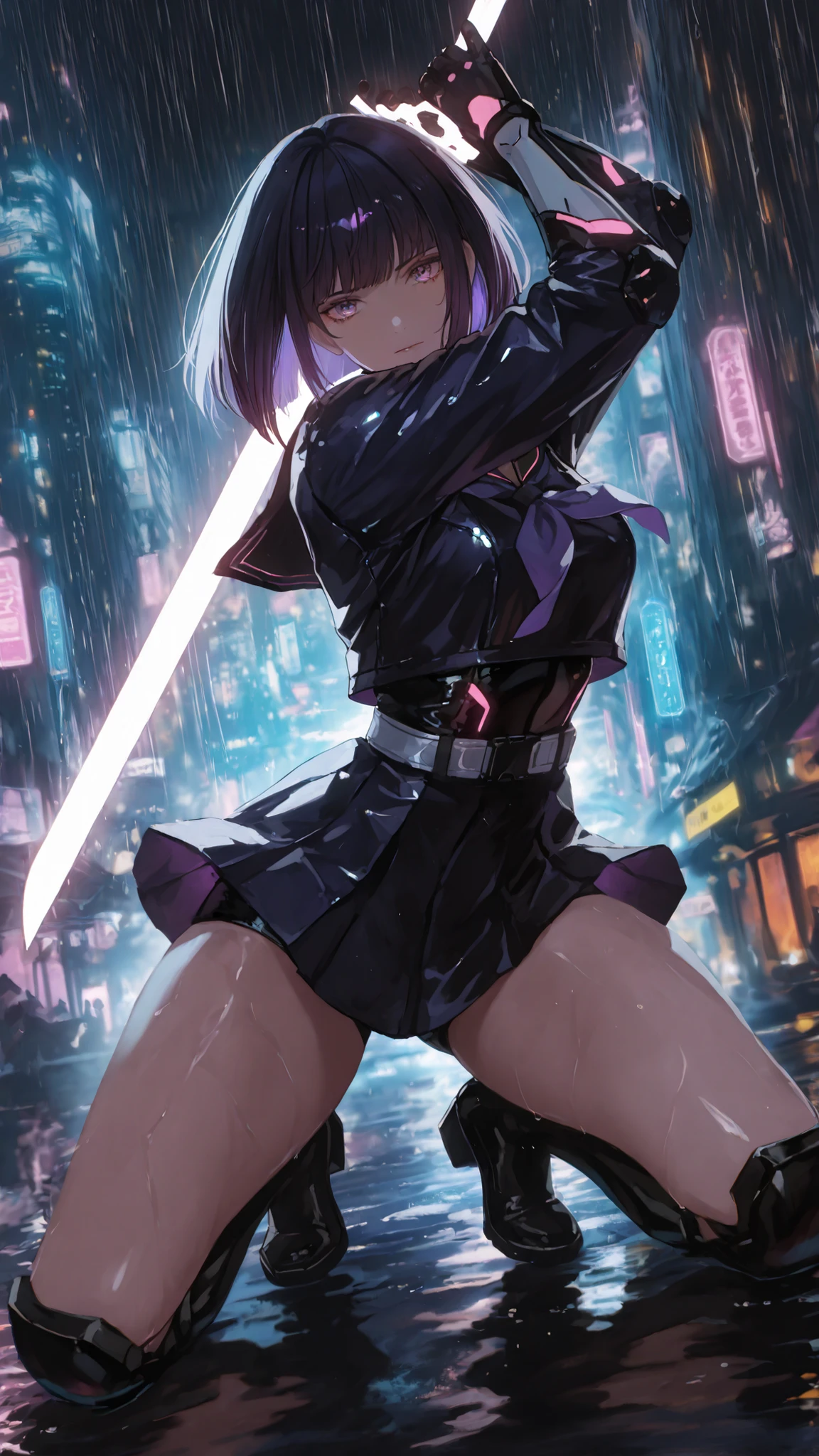 masterpiece, best quality, amazing quality, very aesthetic, high resolution, ultra-detailed, absurdres, newest,a cyberpunk female swordsman in in Black sailor suit, neon-lit rain, holographic city, dynamic sword pose, cold gaze, high-tech ninja elements, dark blue and purple palette, cinematic lighting, 8K ultra-detailed