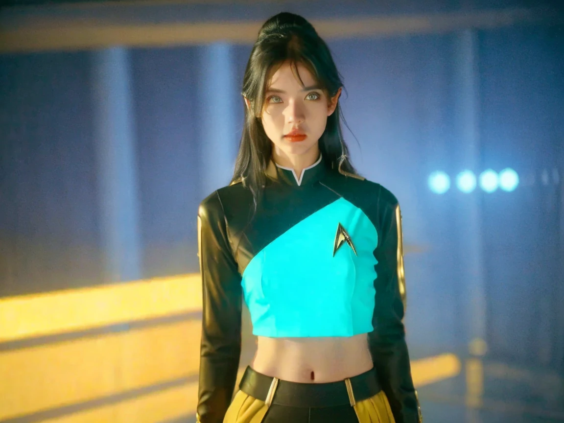 Selena Gomez wearing a very sexy startrek miniskirt uniform black and yellow