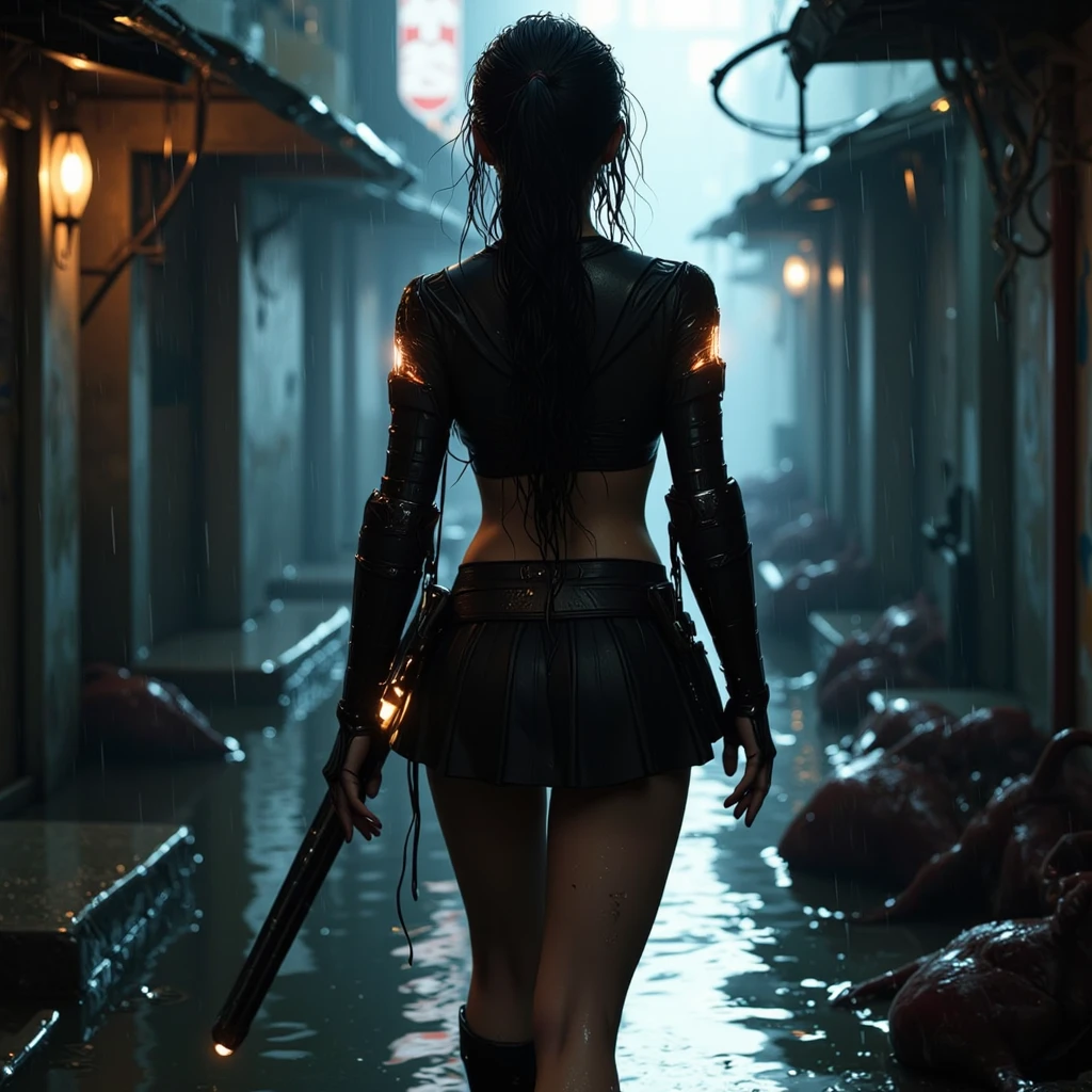 (best quality,4k,highres,ultra-detailed,masterpiece:1.2),ultra-fine painting,physically-based rendering,professional,sharp focus,studio lighting,bokeh,[detailed],[rainy],female,sexy outfit,[weapon Katas],[night],[Ninja courtyard],[ninja],[fierce expression],[motion blur],[reflection],[dripping water],[mysterious atmosphere],[dynamic pose],[intense eyes],[wet hair],[silhouette],[high contrast],[dark shadows],[sleek movements],[misty],action,[midnight blue],[neon lights],[moonlight],[puddles],[wet ground],[sleek movements],[dangerous beauty]