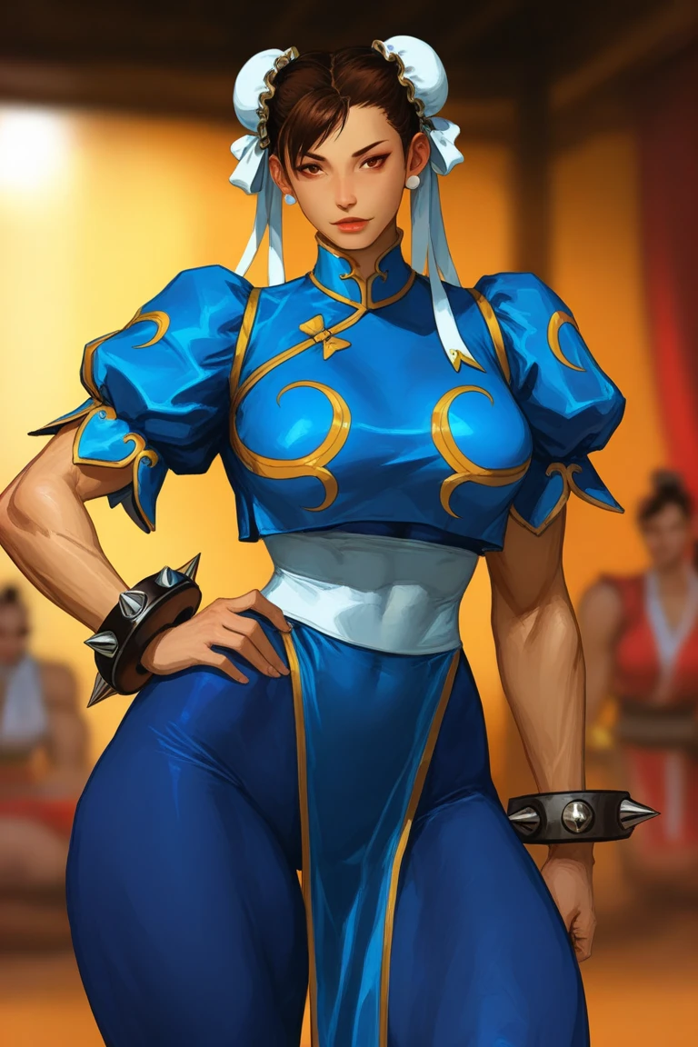 Chunli with blue turban headdress，She is wearing a belly dance skirt, a green belly dance skirt, and a purple veil that covers her entire face.
