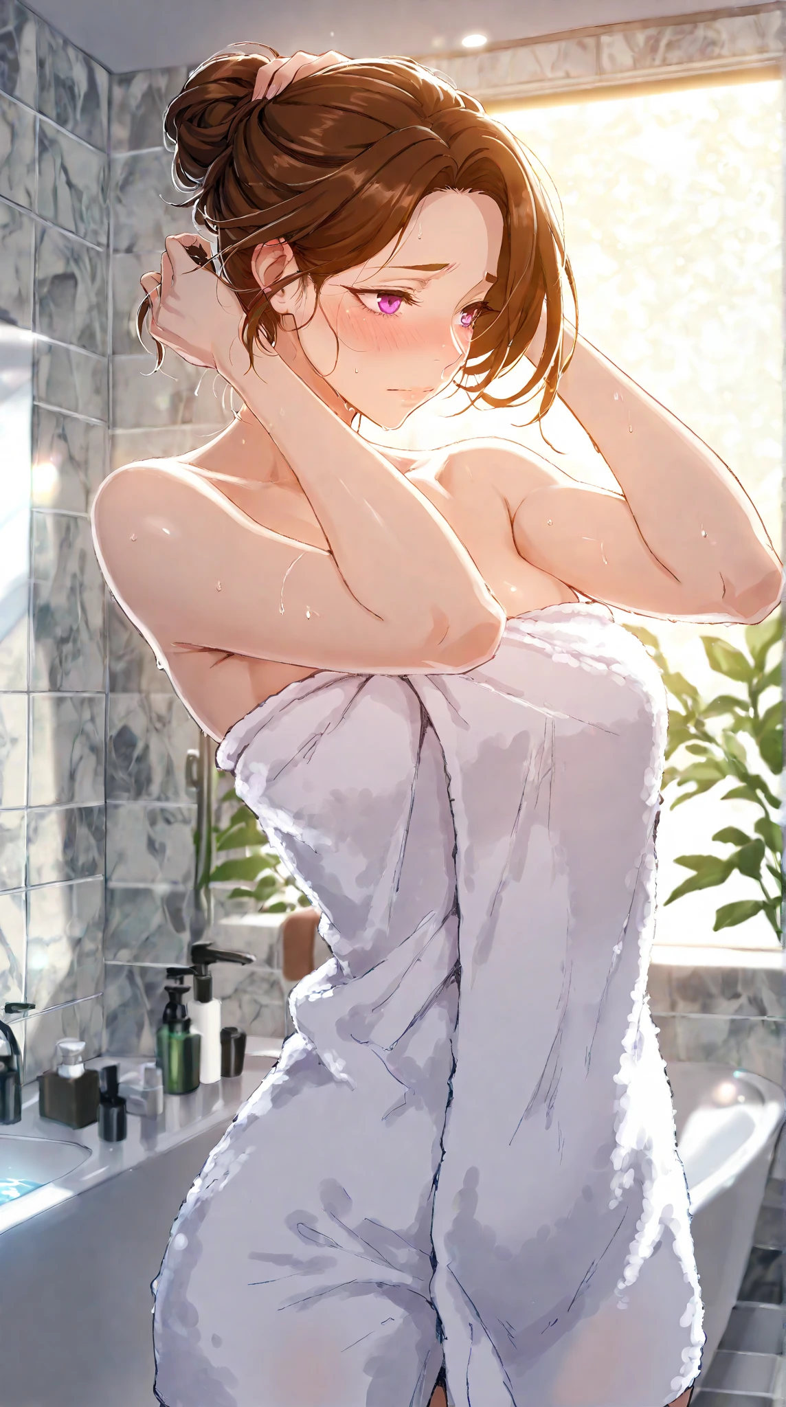 (((Soak up to your shoulders in the unit bath at home:1.7))),(((flannel:1,7))),(((Cover your ??????? with a towel:1.7))),(((night lighting:1.3))),????? slip,Blushing、Laugh shyly,Chubby,(Beautiful girls)、(Shiny silver and orange inner color short hair,Flower Hair Ornaments,Floral braided top knot,Twisted Side Part Ponytail,Floral knit headband,Half Up、Floral braided space buns,Voluminous fishtail braid,Twisted pan,),(The bangs are see-through),(((Accentuate your ???????:1.3))),(Dynamic Angle),(Dynamic and ???? pose),(Leaning forward:1.3),(((Majestic statue))),(((hairpin,necklace,Earrings))),huge ,blush with embarrassment,Dreamy eyes,A smile that captivates the viewer,Sweaty skin,Staring at the audience,Upper body ?????,48 years old ,Upper body ?????,Clothing gets messy due to movement,Pointed red mouth,Perfect round face,,Proper body balance,Intricate details,Very delicate and beautiful hair,Photo Real,dream-like,Professional Lighting,Realistic Shadows,Focus Only,Beautiful Hands,Beautiful fingers,Detailed finger features,Detailed clothing features,Detailed hair features,Detailed facial features,(Tabletop,Highest quality,Ultra-high resolution output images,) ,(8K quality,),(SeaArt 2 Mode.1),(Picture Mode Ultra HD,)